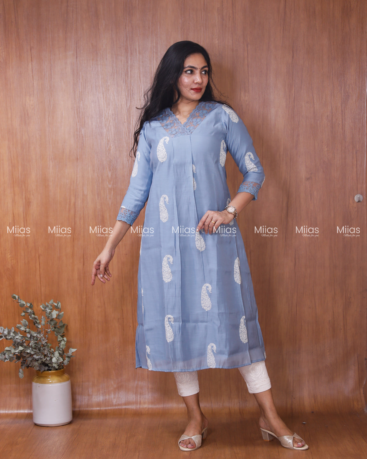 Mul Chanderi Dress Kurti | Box Pleats + Lace + Lined | Dusty Blue