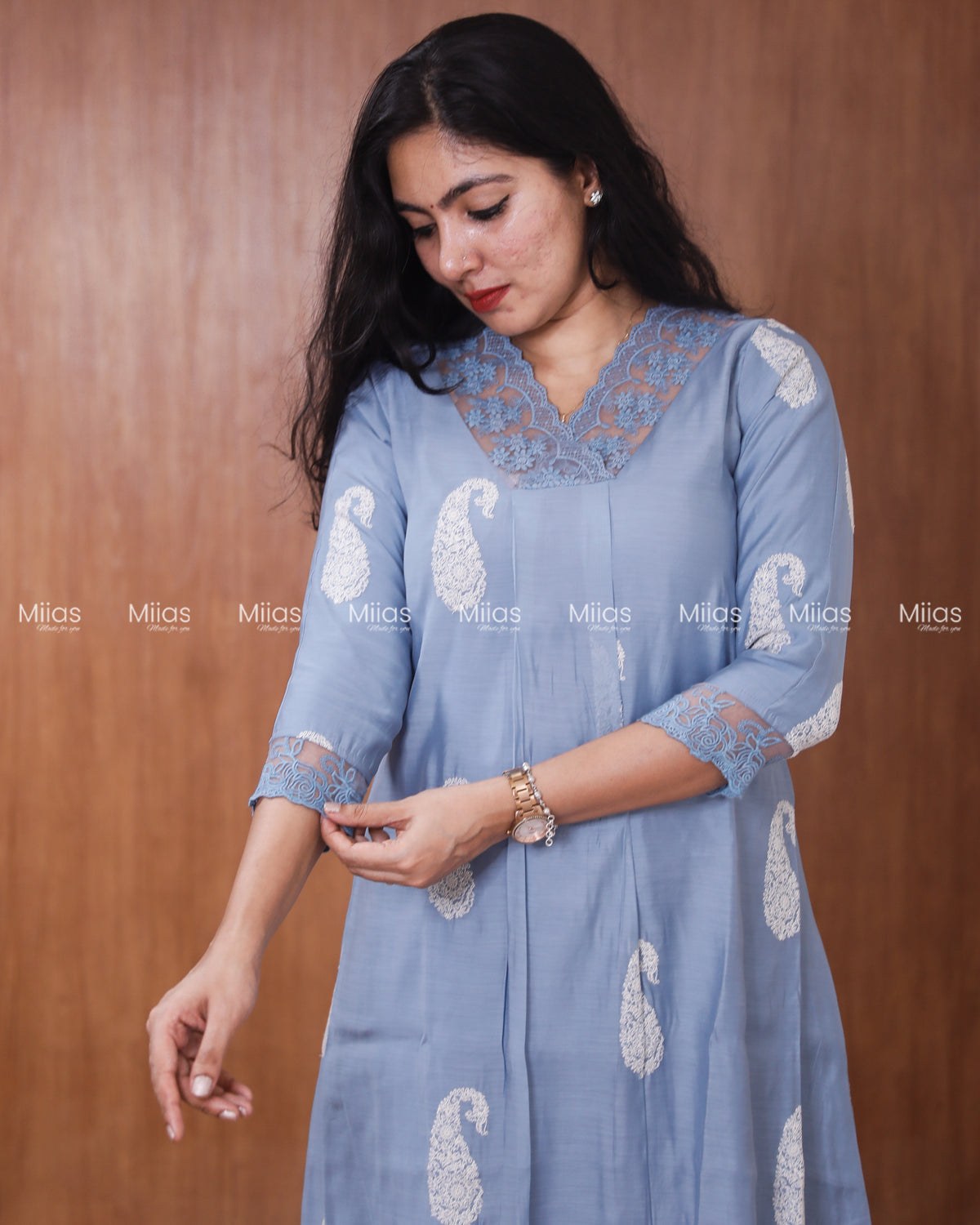 Mul Chanderi Dress Kurti | Box Pleats + Lace + Lined | Dusty Blue