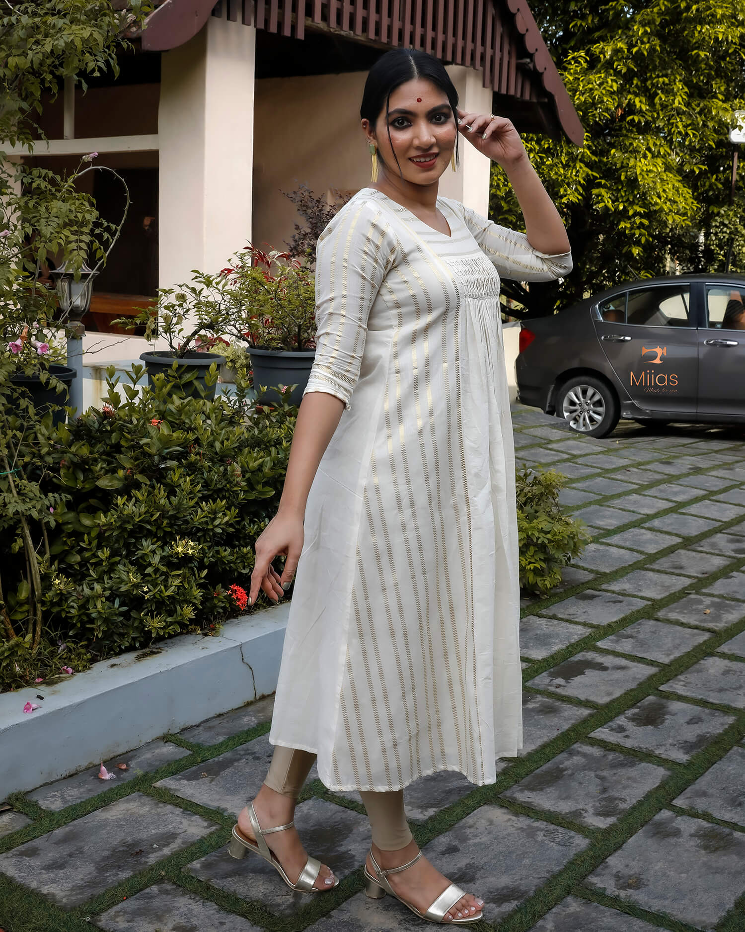 Lurex Kora Cotton Kurthi with Smocking & Pleats