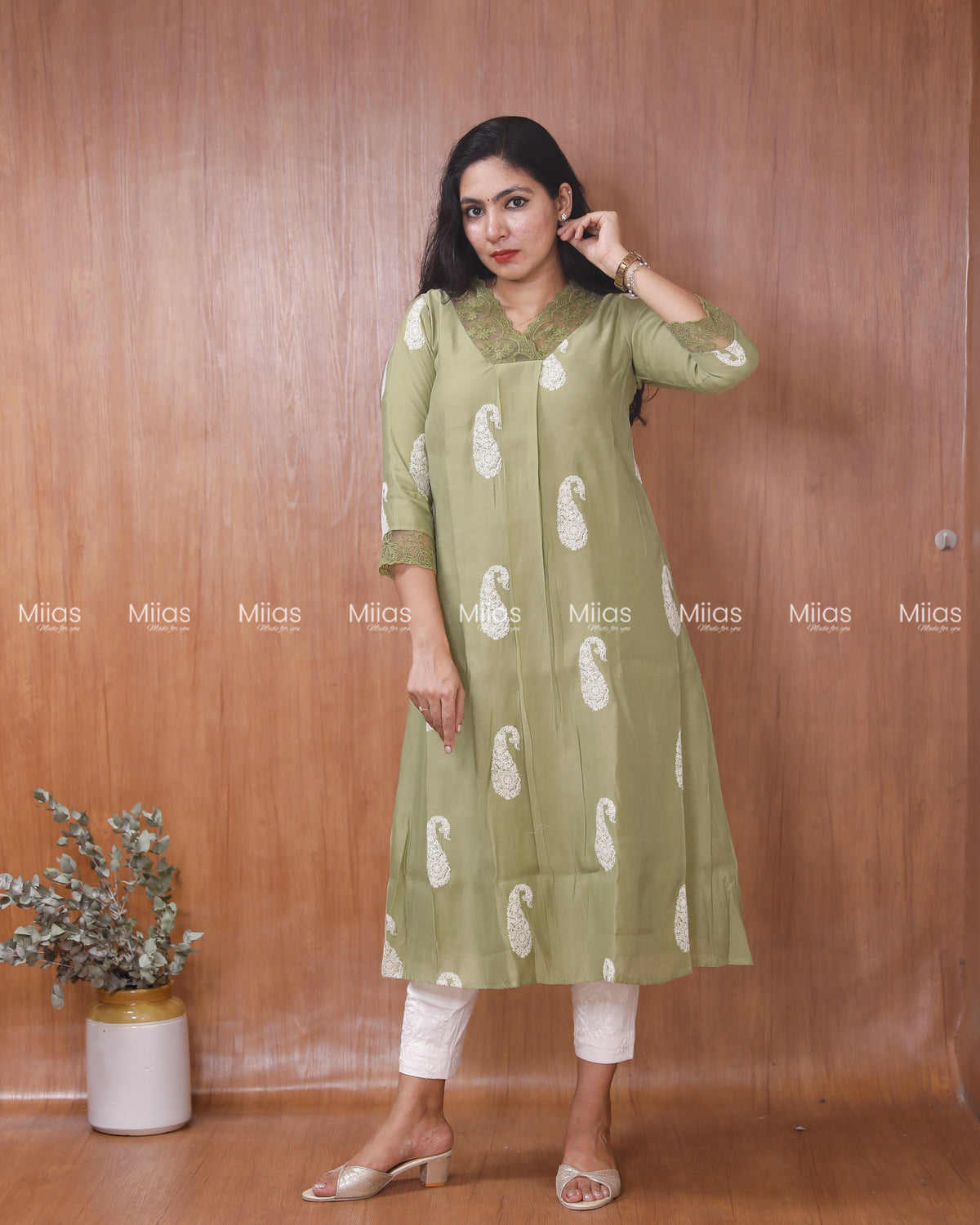 Mul Chanderi Dress Kurti | Box Pleats + Lace + Lined | Sage Green