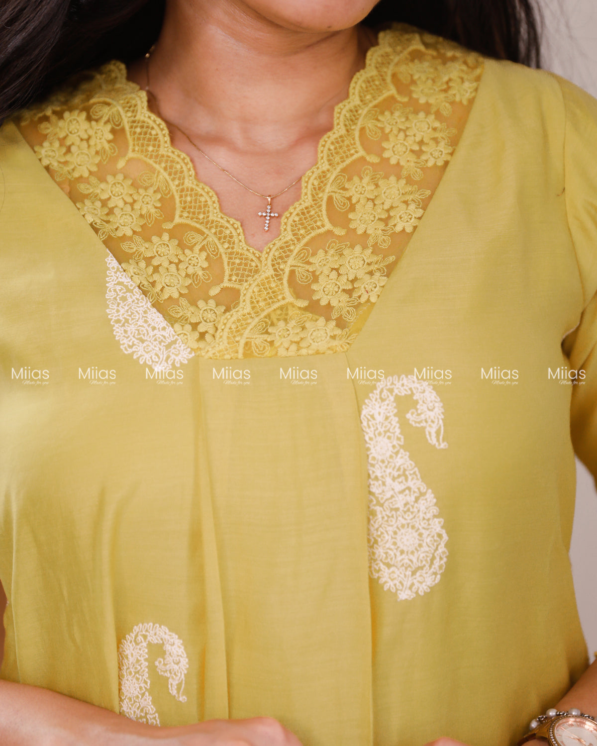 Mul Chanderi Dress Kurti | Box Pleats + Lace + Lined | Yellow