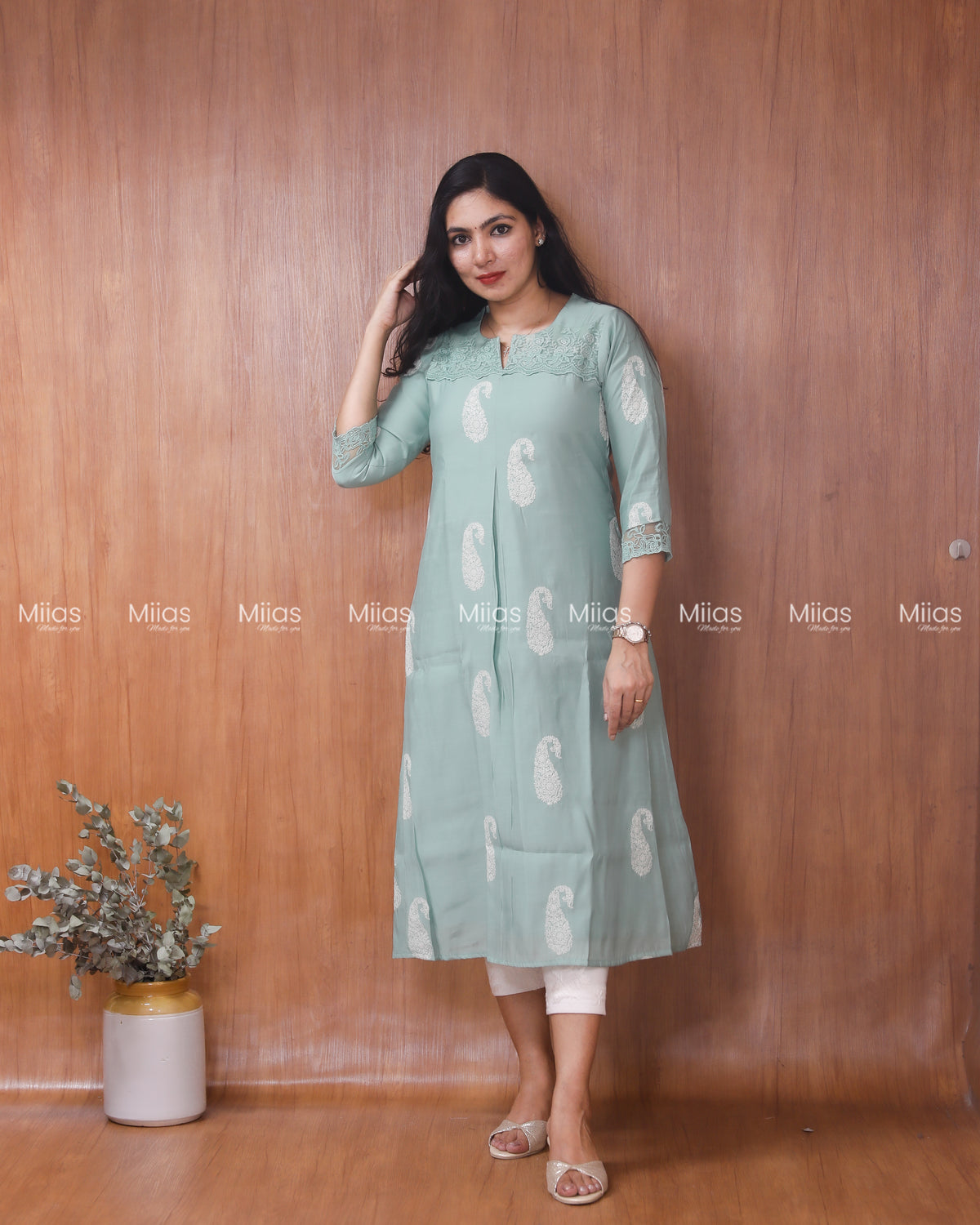 Mul Chanderi Dress Kurti | Inverted Pleats + Lace Accents| Seafoam Green