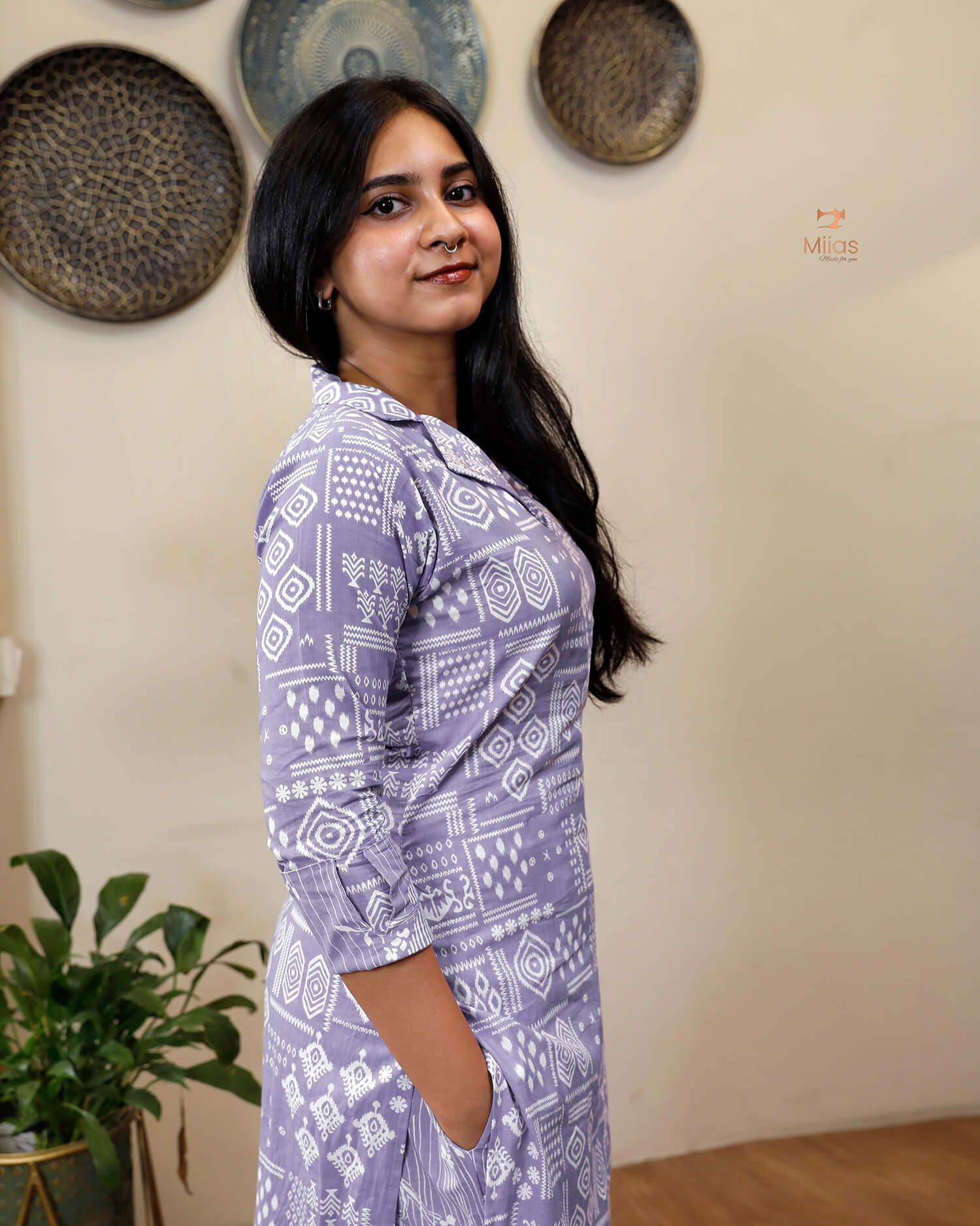 Printed South Cotton Top –with Sequin Detail & Slit Design