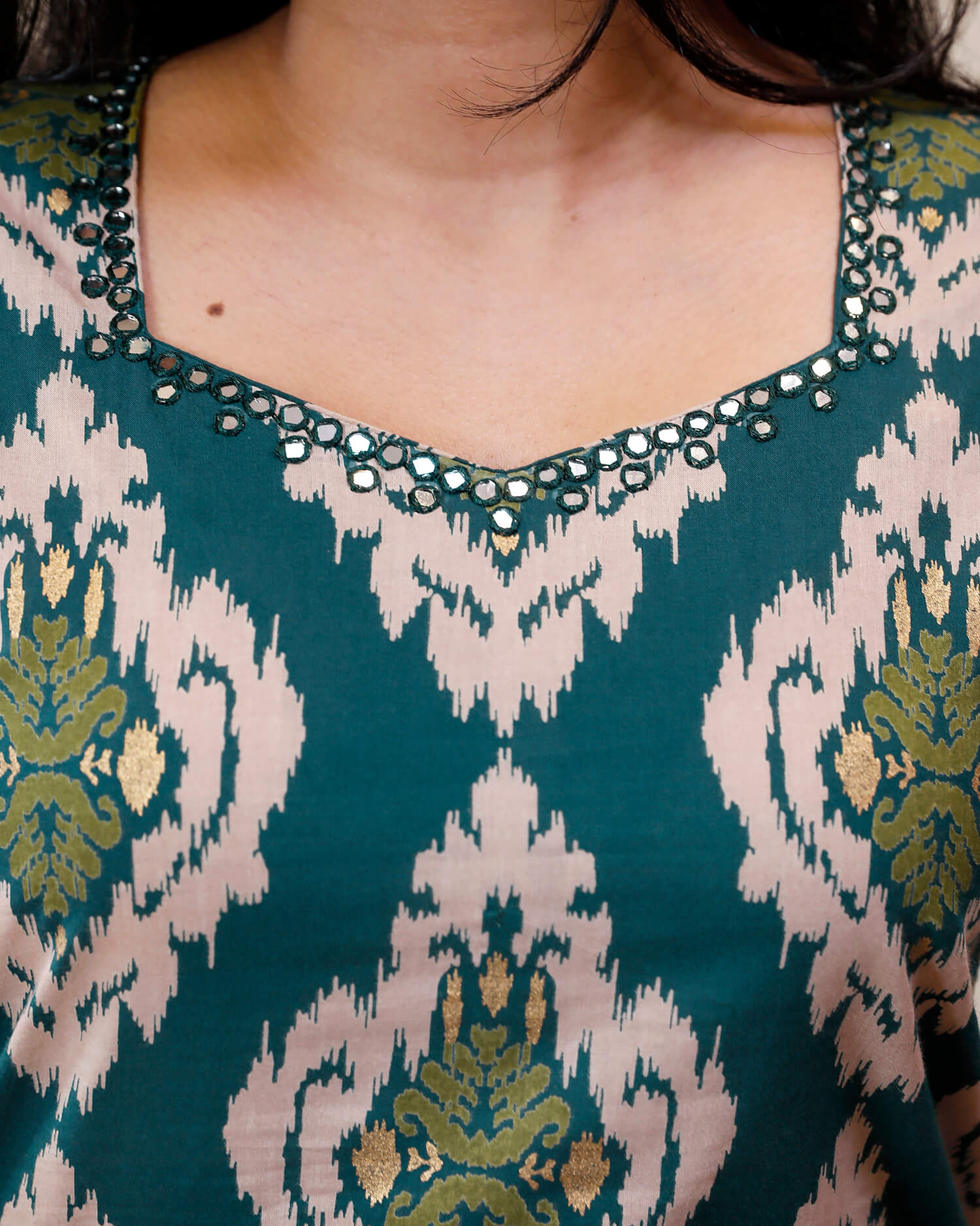 Mirror & Foil-Touch Cotton Co-ord Set – Stylish & Comfortable-Green