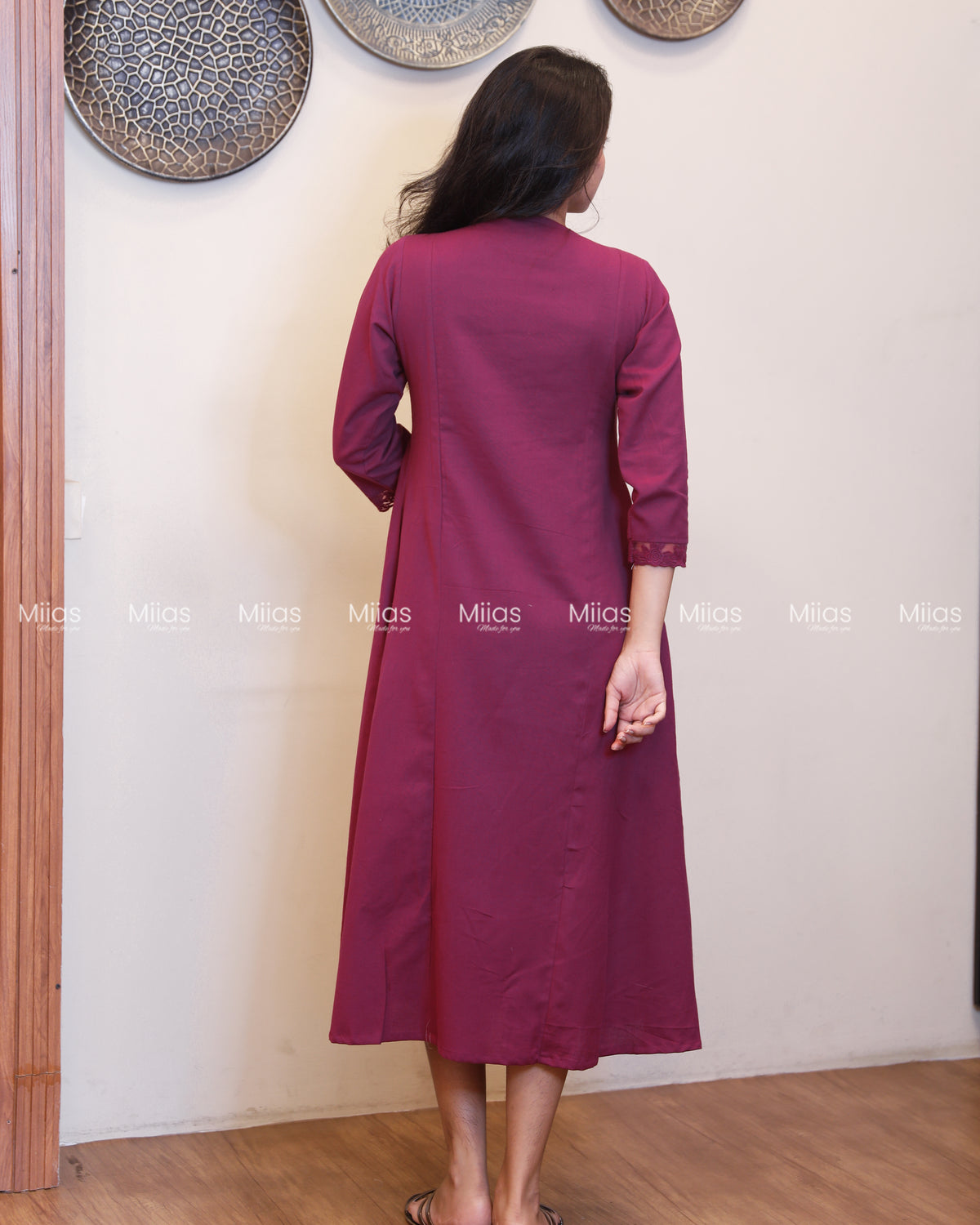 Flex Cotton 3-Panel Dress Kurti | Bullion Rose + Lace | Deep Magenta