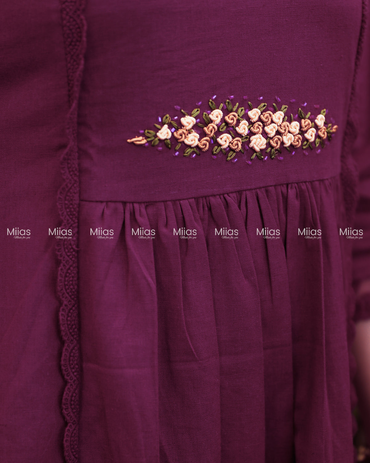 Flex Cotton 3-Panel Dress Kurti | Bullion Rose + Lace | Deep Magenta