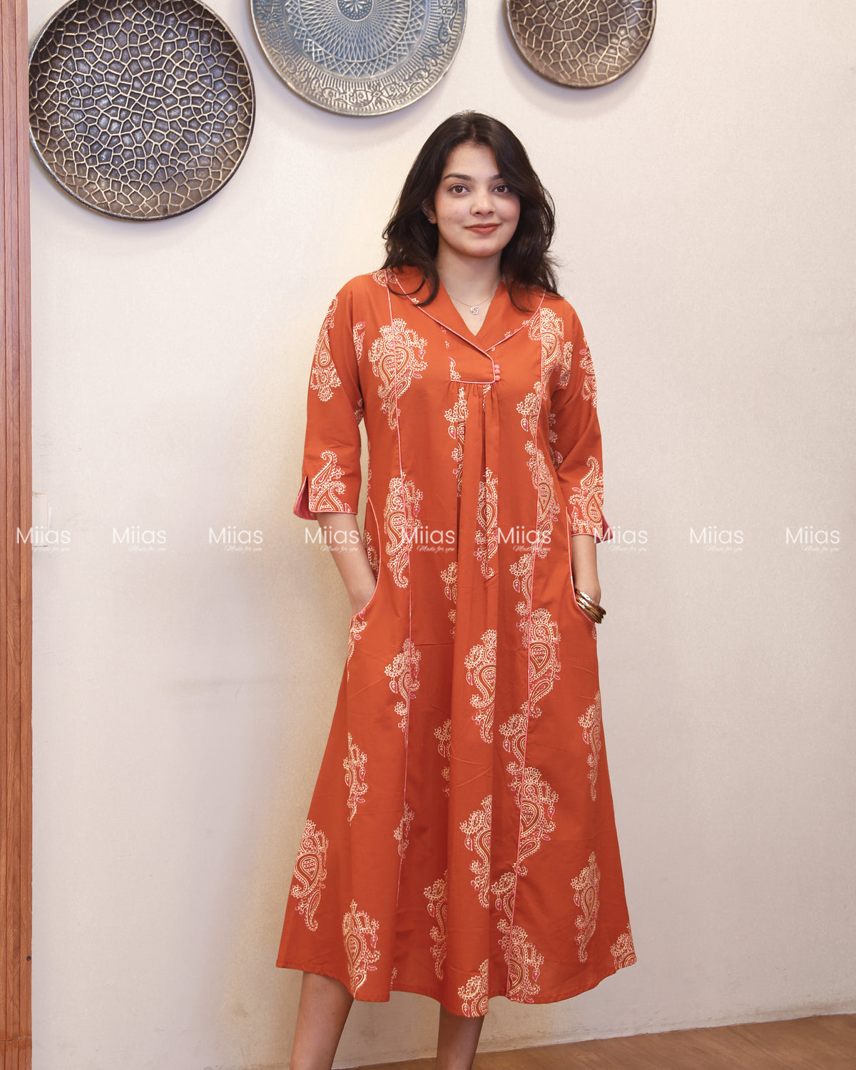 South Cotton 3-Panel Dress Kurti | Shirt Collar + Potli Buttons| Terracotta Orange