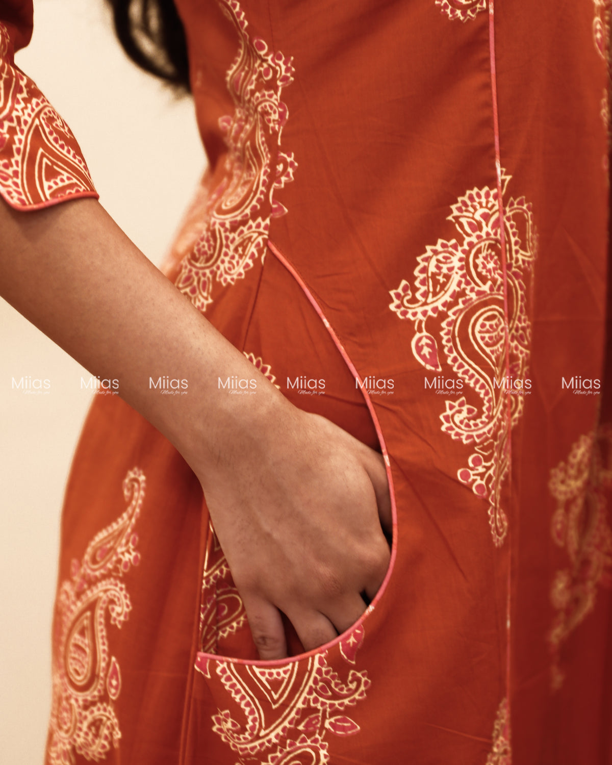 South Cotton 3-Panel Dress Kurti | Shirt Collar + Potli Buttons| Terracotta Orange
