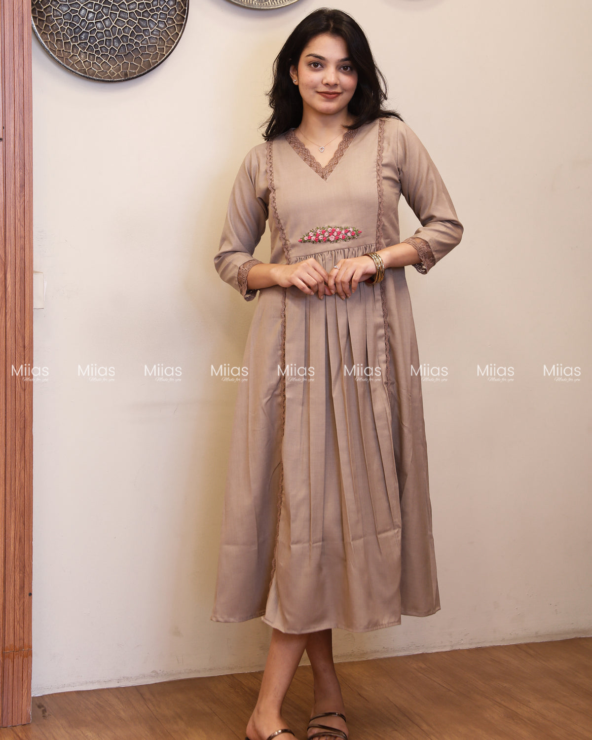 Flex Cotton 3-Panel Dress Kurti | Bullion Rose + Lace | Taupe