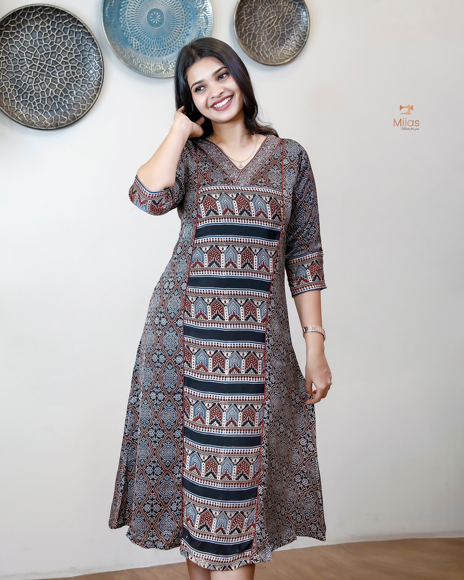 Pure Modal Silk Kurti Dress - V-Neck Panel & A-Line Back Elegance-Base Colour Black.