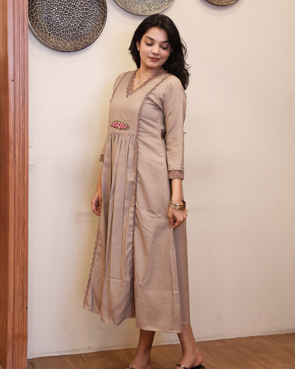 Flex Cotton 3-Panel Dress Kurti | Bullion Rose + Lace | Taupe