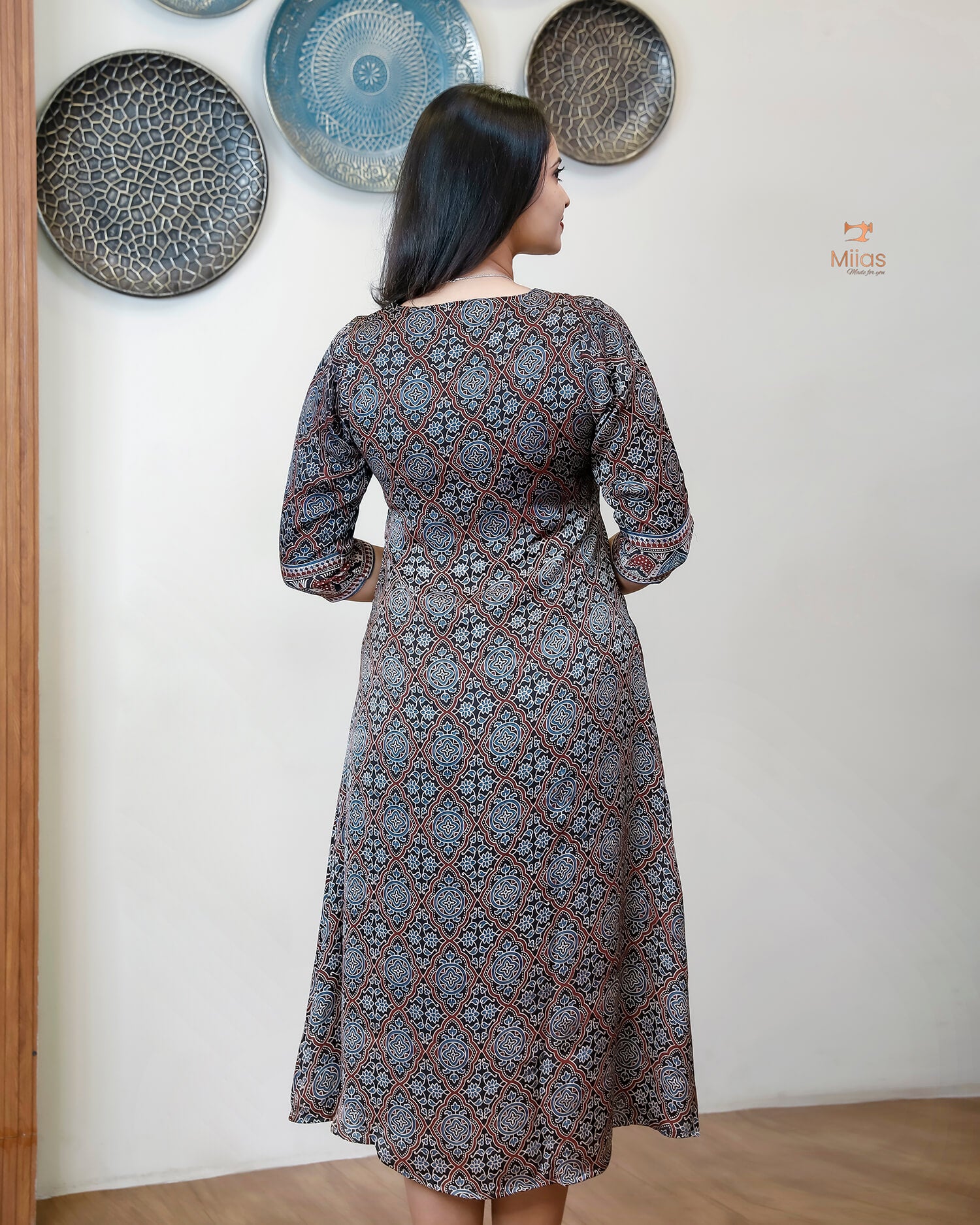Pure Modal Silk Kurti Dress - V-Neck Panel & A-Line Back Elegance-Base Colour Black.