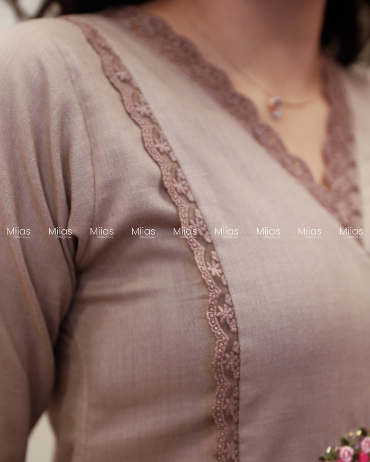 Flex Cotton 3-Panel Dress Kurti | Bullion Rose + Lace | Taupe