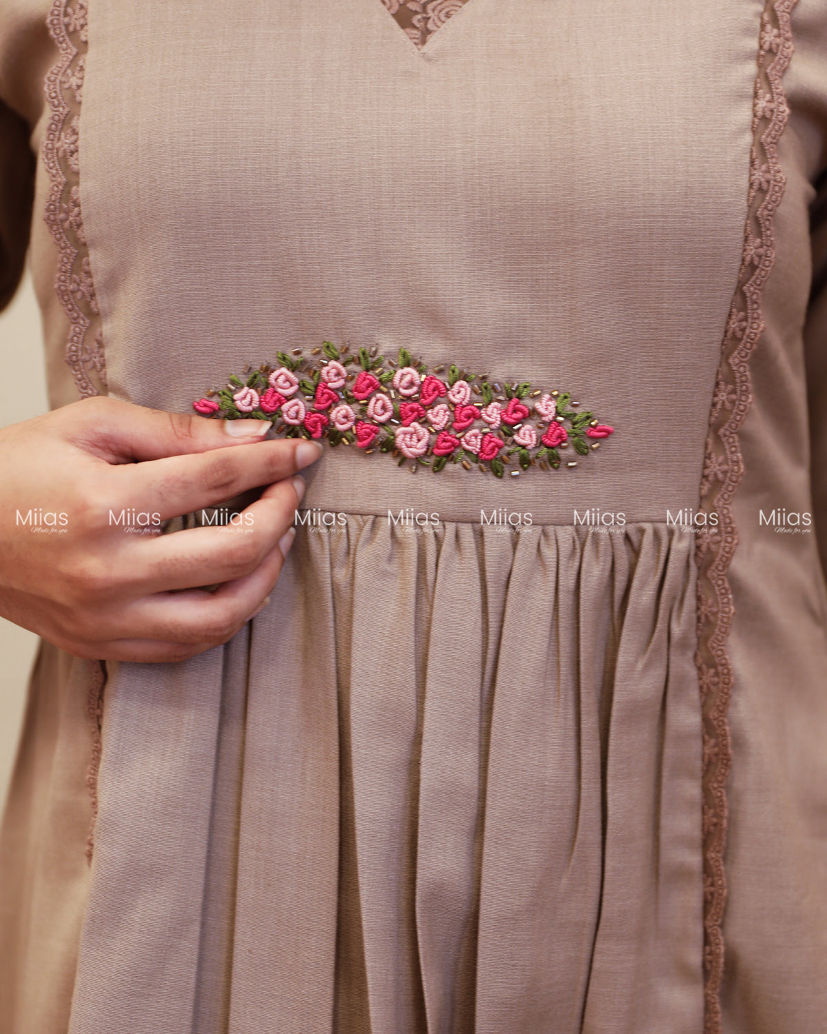 Flex Cotton 3-Panel Dress Kurti | Bullion Rose + Lace | Taupe
