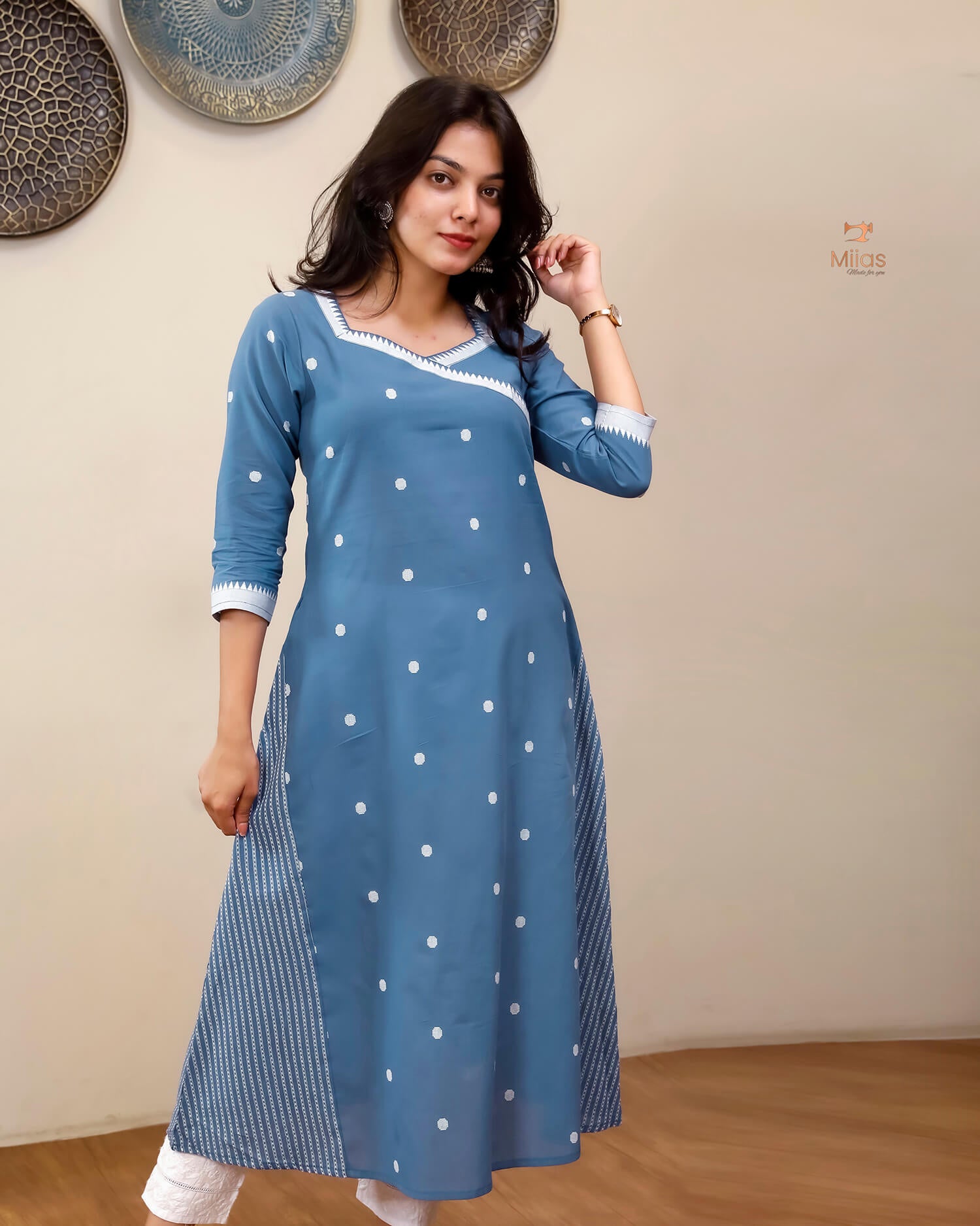 South Flex Cotton A-Line Kurti | Overlap Border + Pocket | Blue