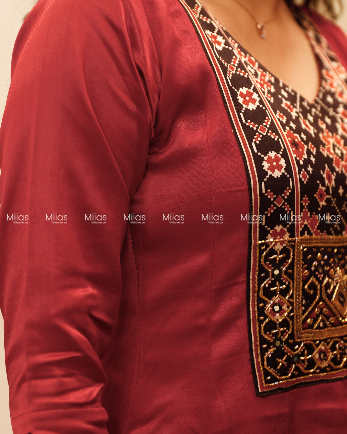 Mashru Silk 5-Panel Kurti | Beaded Sequin Mirror Yoke | Crimson Red