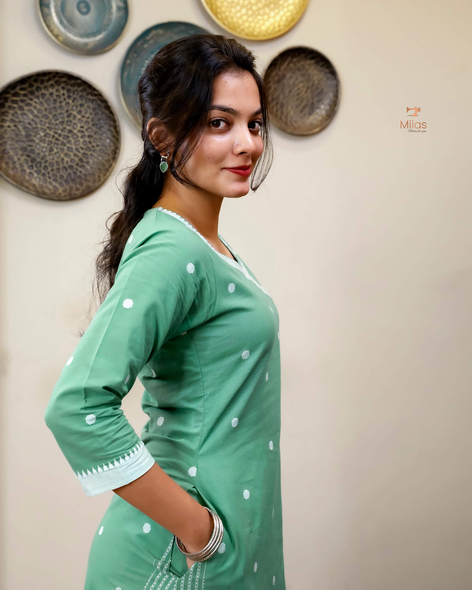South Flex Cotton A-Line Kurti | Overlap Border + Pocket | Pista Green