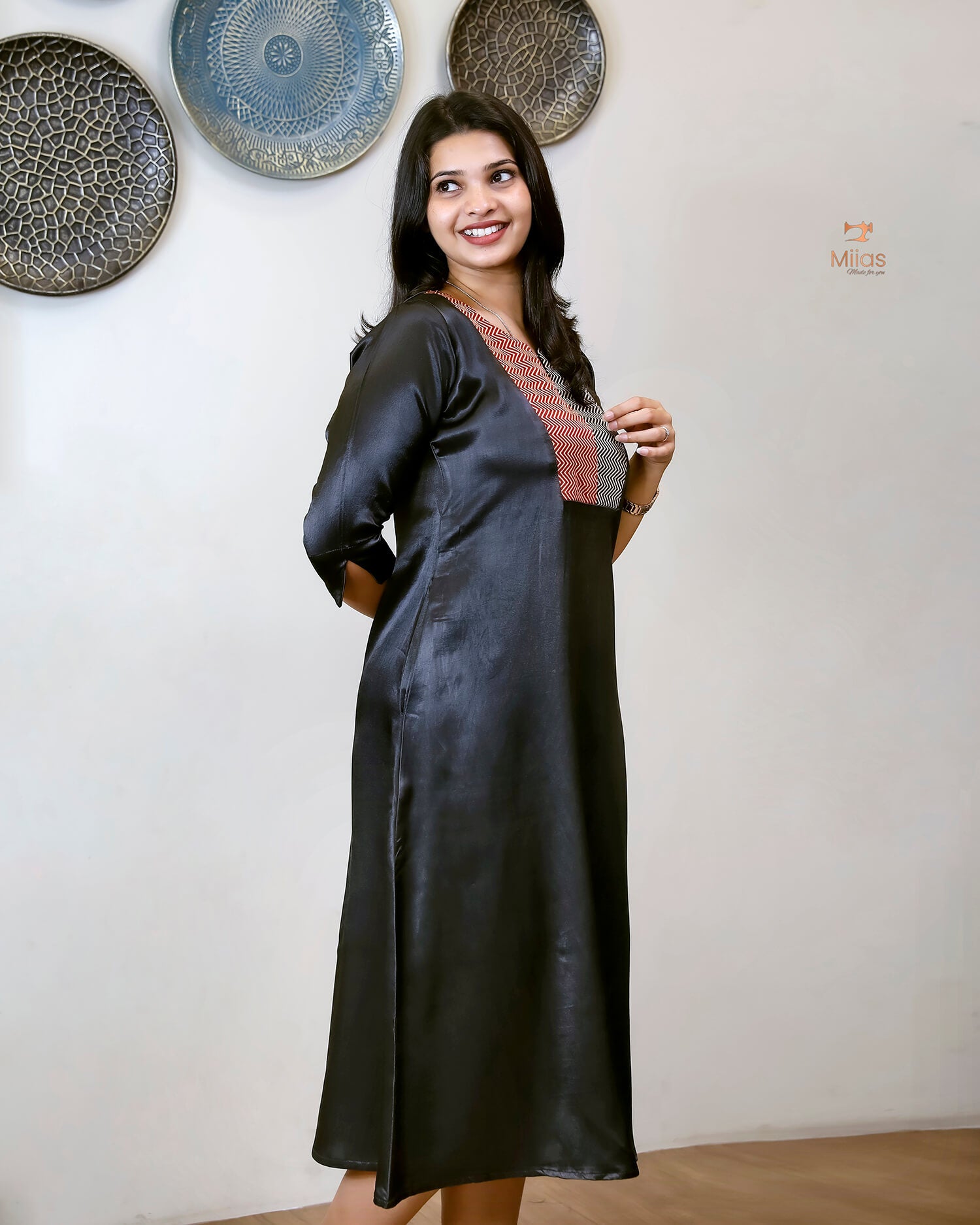 Mashru Silk A-Line Kurti with Vibrant Patchwork Yoke-Black