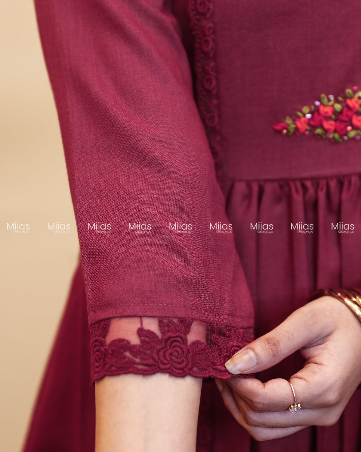 Flex Cotton 3-Panel Dress Kurti | Bullion Rose + Lace | Berry
