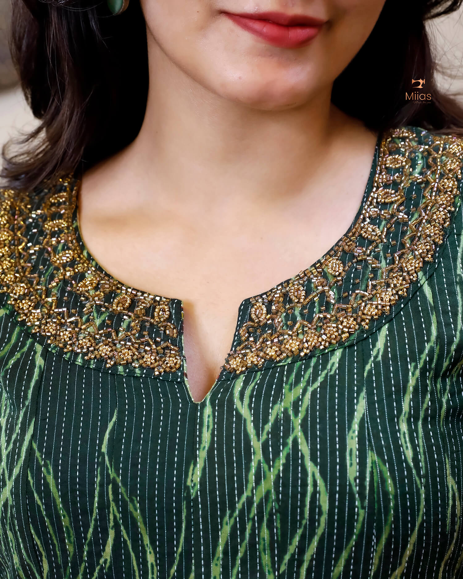 Kantha Cotton | Panel Kurti | Beaded Neckline | Bottle Green