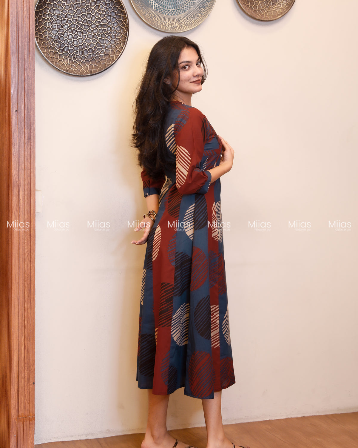 Cotton 5-Panel Kurti | Ajrakh Dual-Tone + Square Yoke Border | Blue & Brick Red