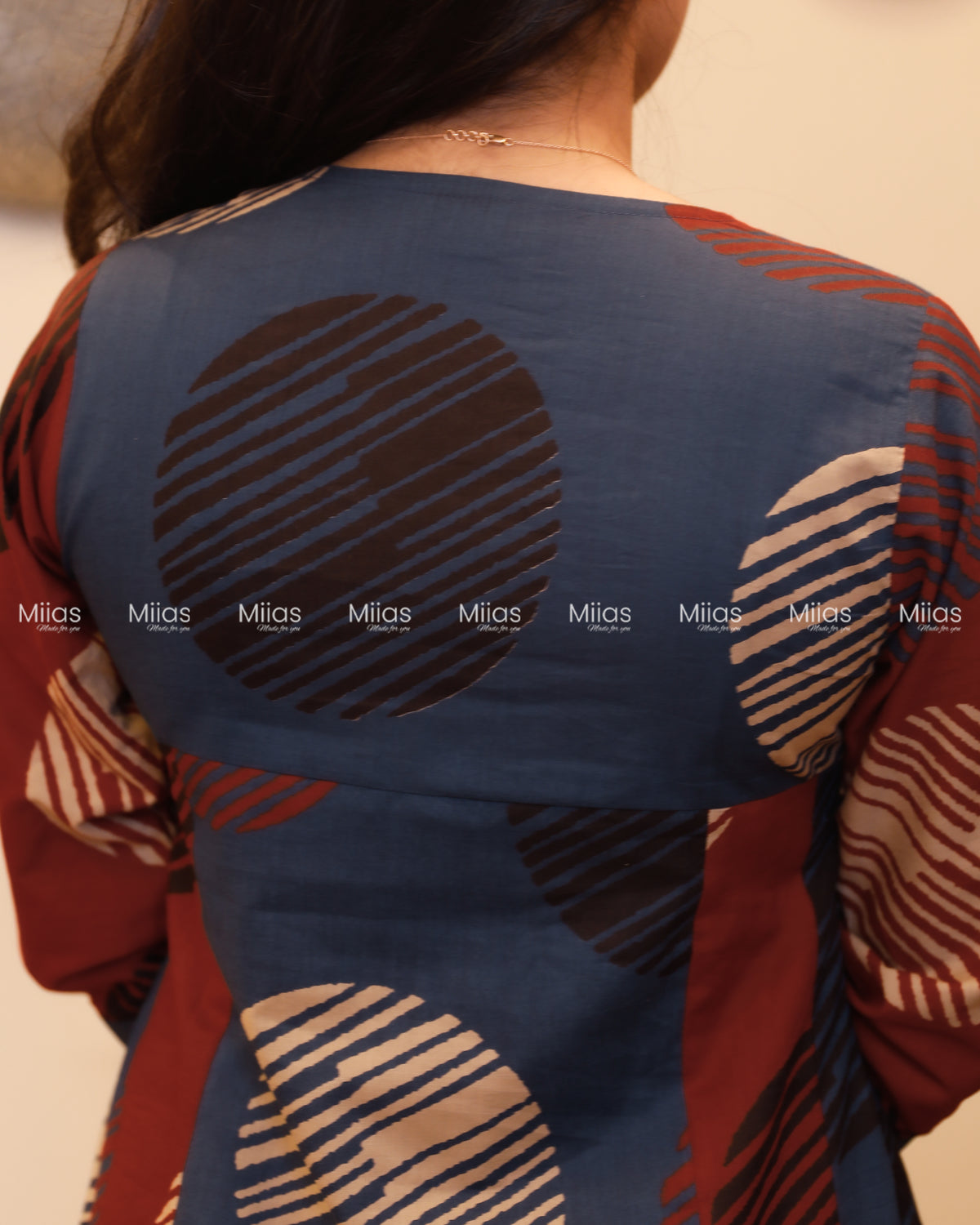 Cotton 5-Panel Kurti | Ajrakh Dual-Tone + Square Yoke Border | Blue & Brick Red