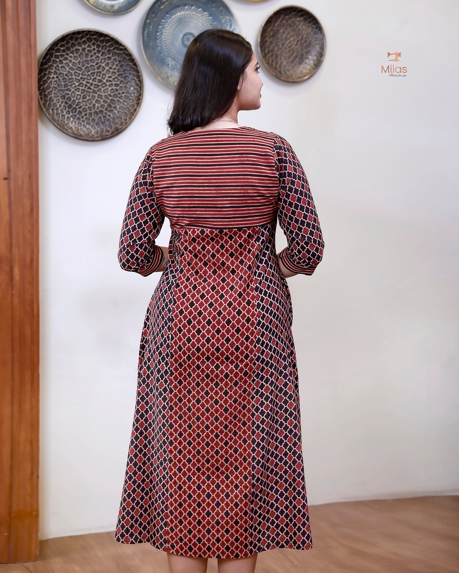 Handblock Print Ajrakh Cotton Kurti: Embroidered Yoke & Two-Tone Style-Black