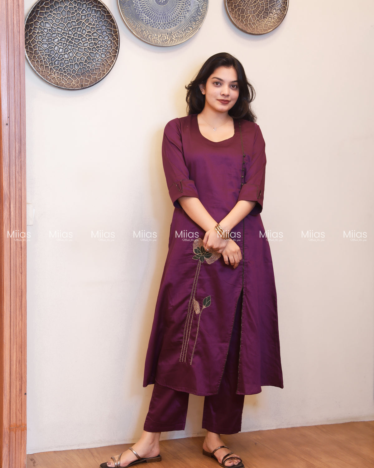 Cotton Co-ord Set | A-Line Slit Top + Potli Buttons + Pockets | Rich Purple