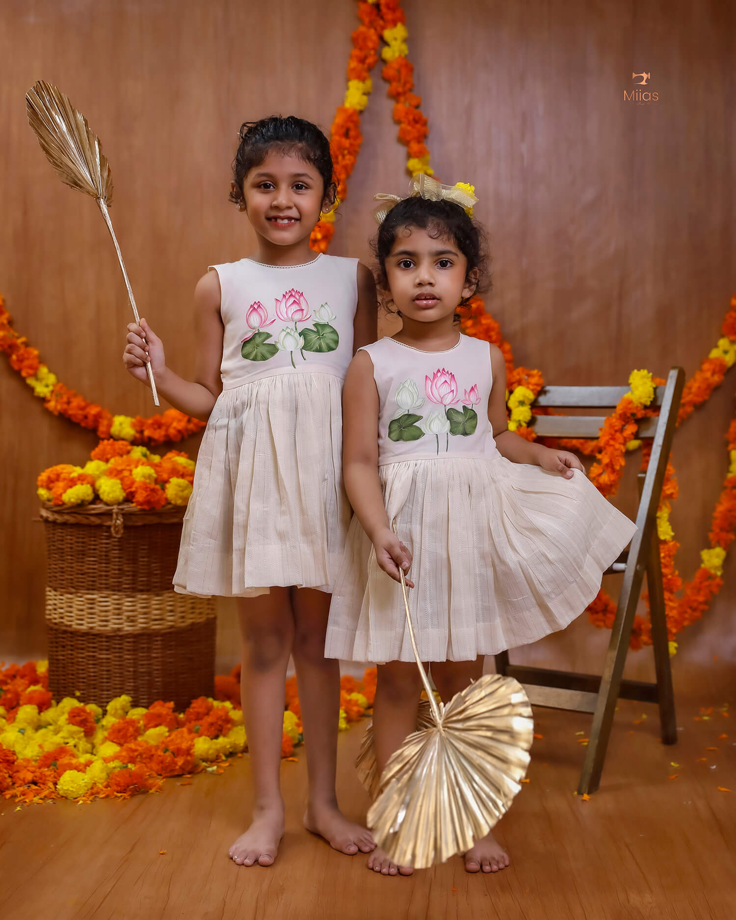 Hand-Painted Lotus Cotton Lurex Kids' Frock for Festive Wear