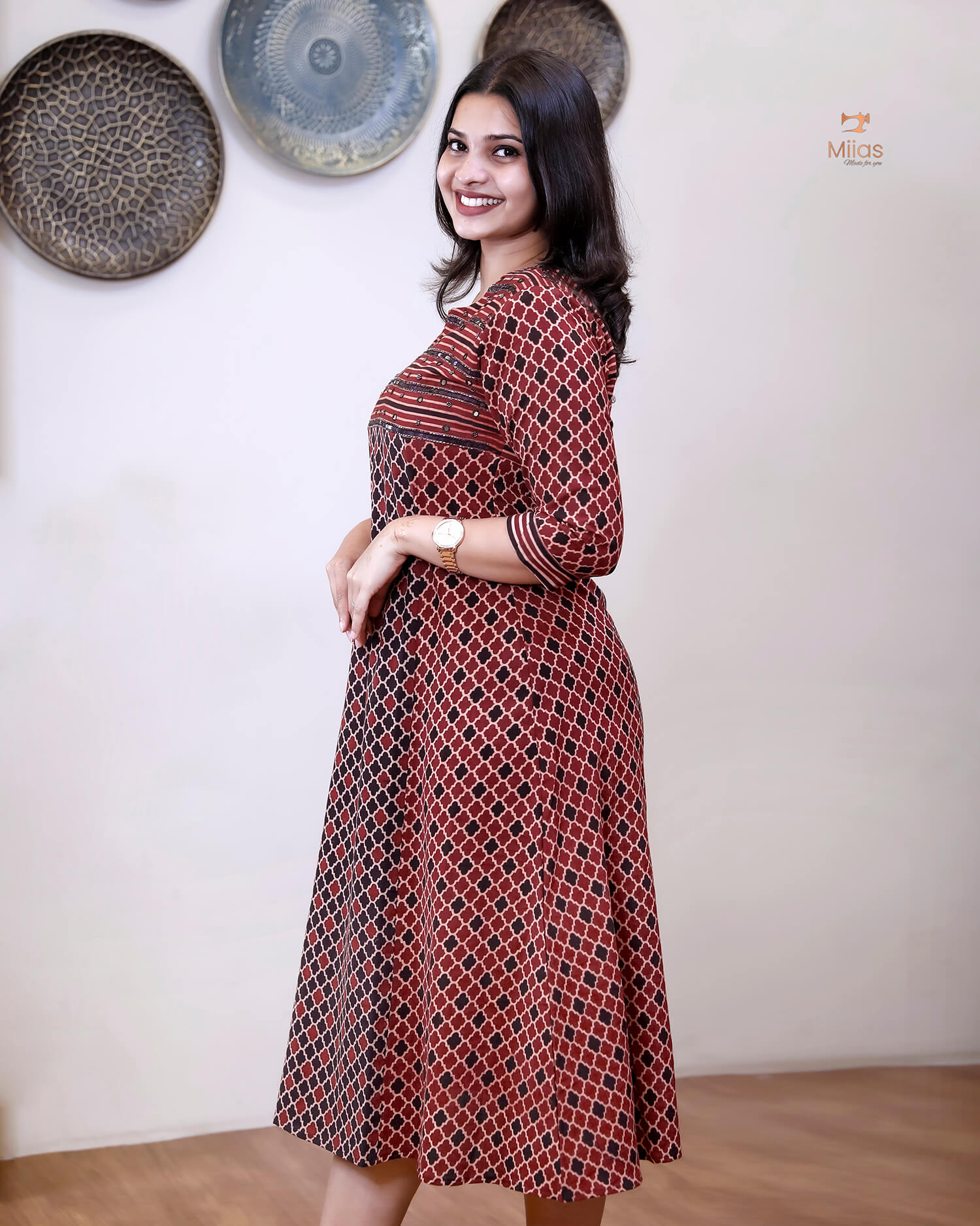 Handblock Print Ajrakh Cotton Kurti: Embroidered Yoke & Two-Tone Style-Red