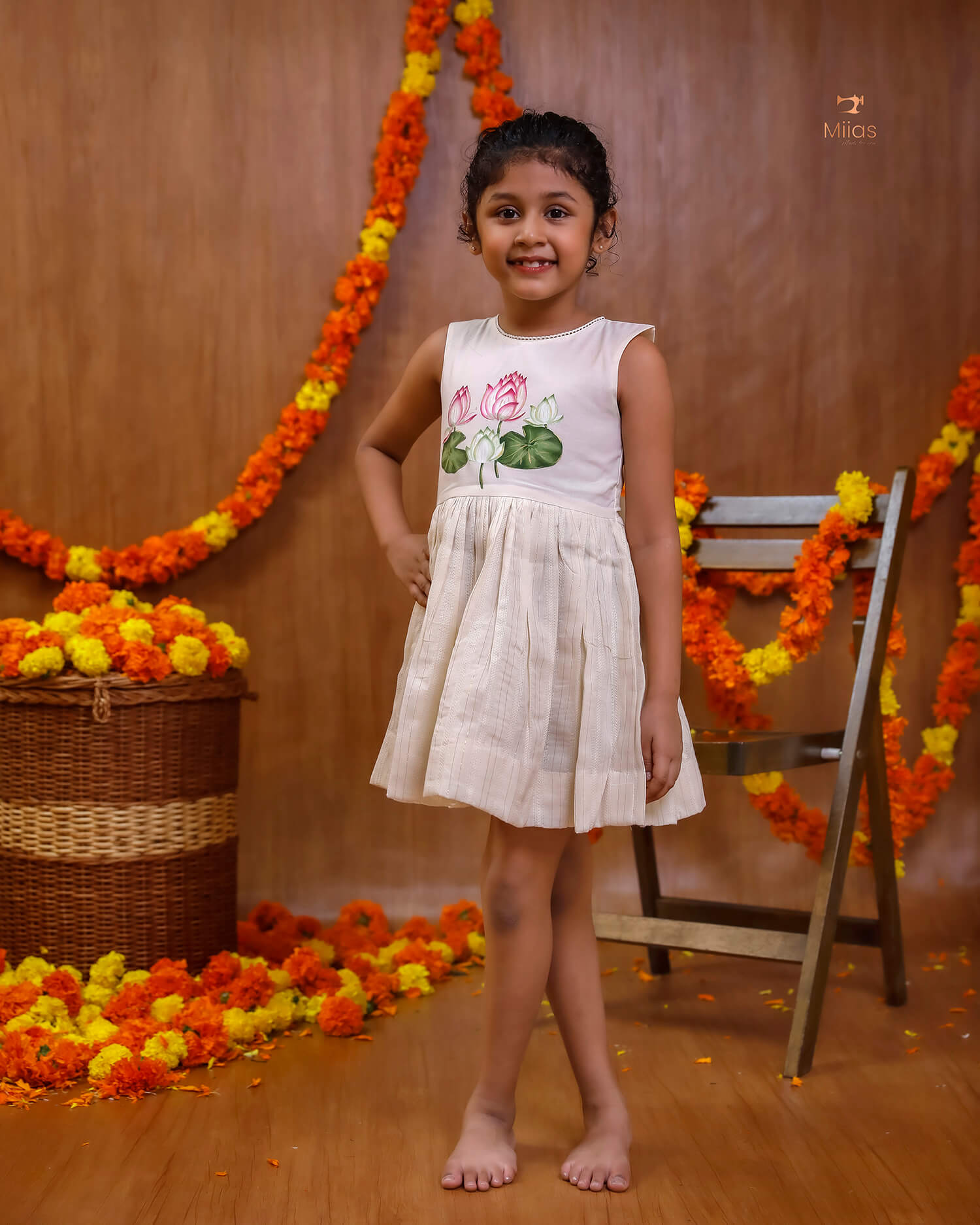 Hand-Painted Lotus Cotton Lurex Kids' Frock for Festive Wear