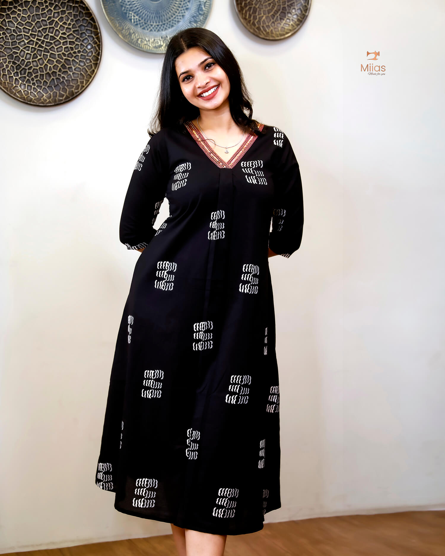 Cotton Kurti Dress:Black Hand Block Print-White Print