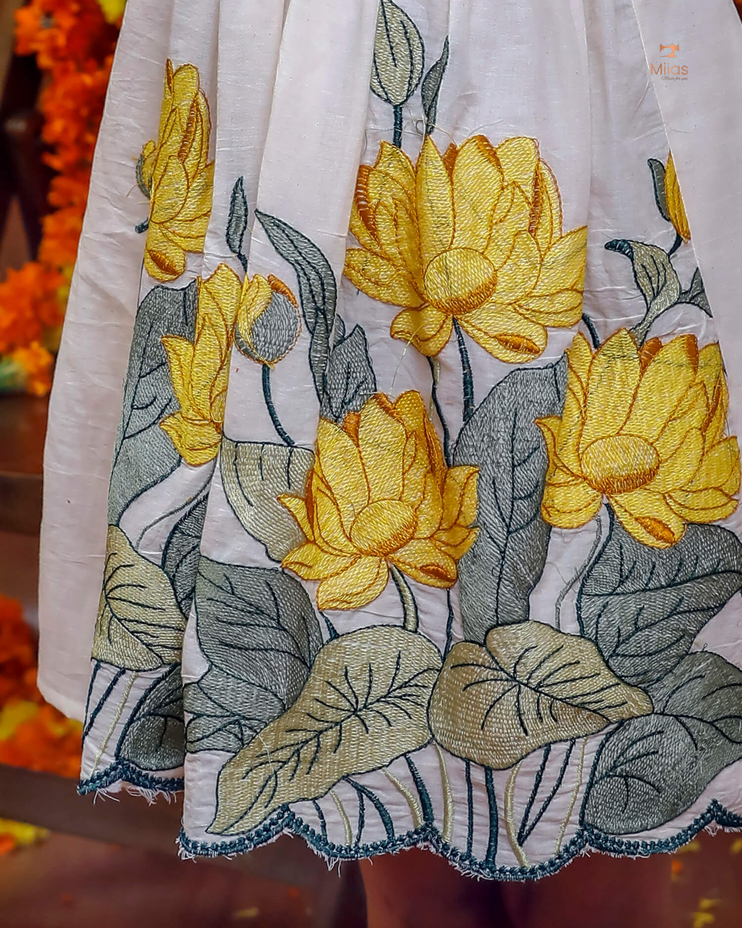 Embroidered Cotton A-Line Frock – Elegant Pleated & Lined