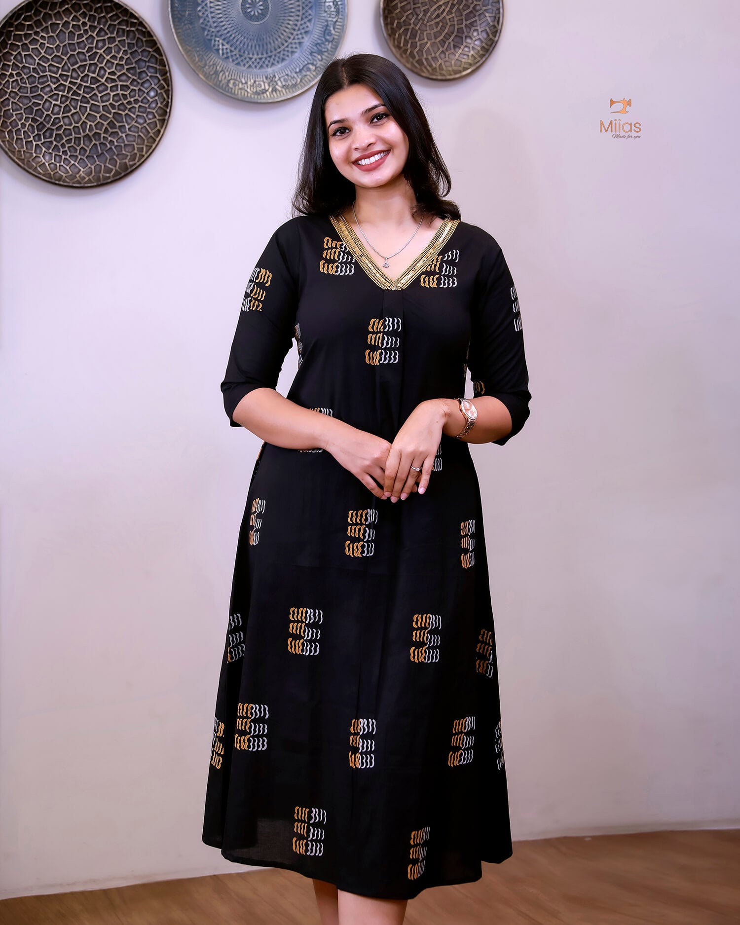 Cotton Kurti Dress:Black Hand Block Print-Yellow Print