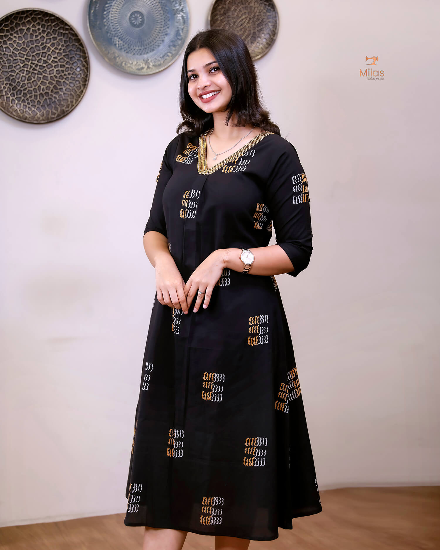 Cotton Kurti Dress:Black Hand Block Print-Yellow Print