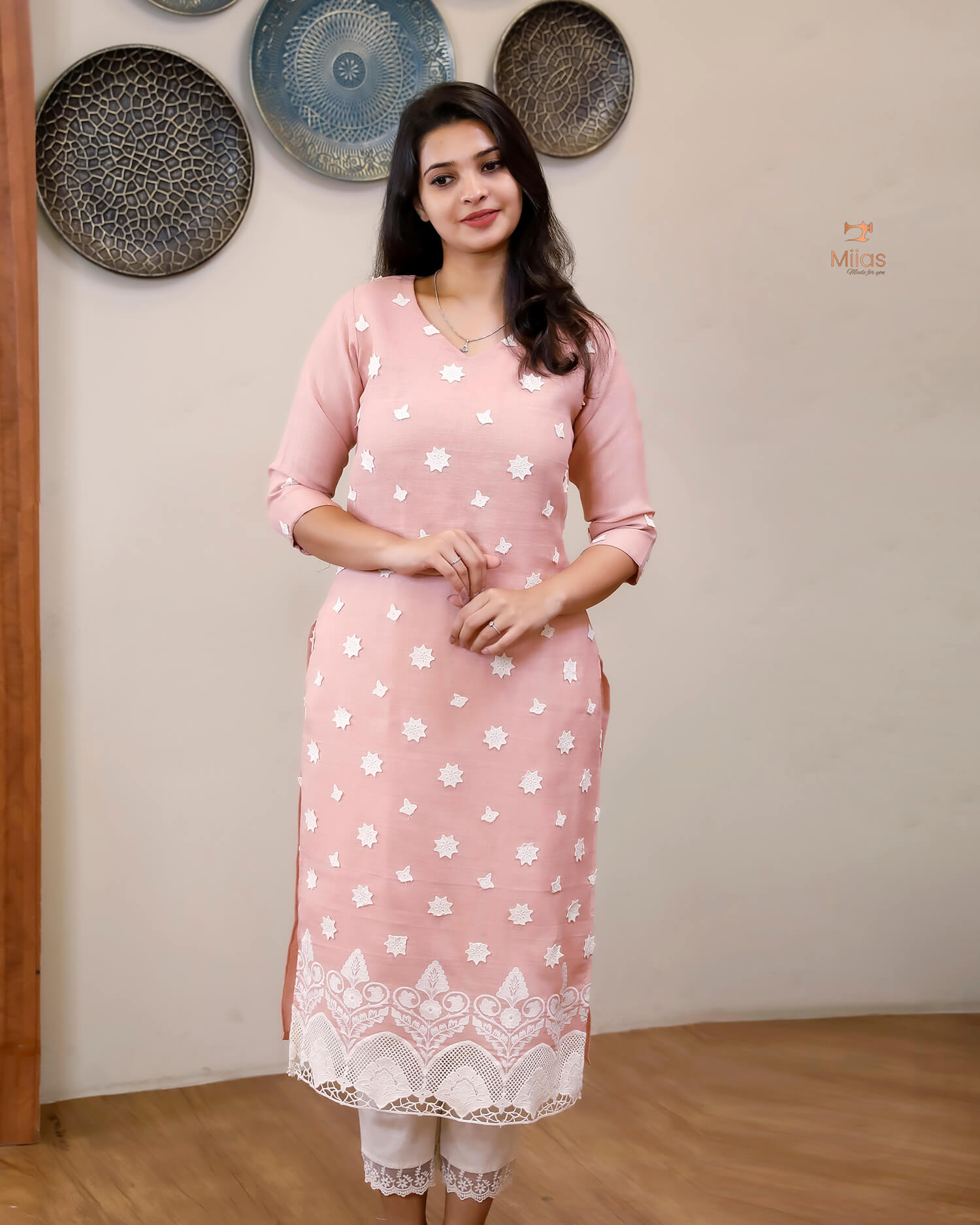 Linen-Cotton Crochet Top | Flex Cotton Bottom Set | Cut work | Pastel Peach