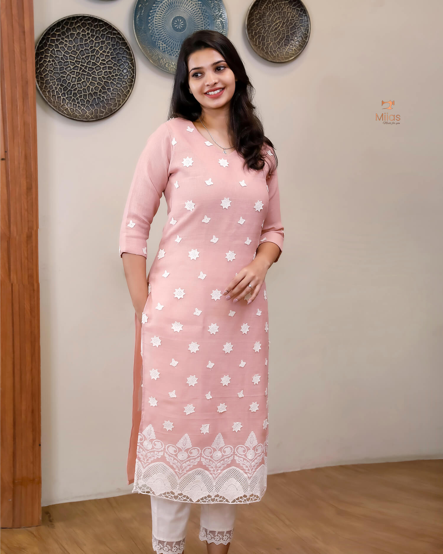Linen-Cotton Crochet Top | Flex Cotton Bottom Set | Cut work | Pastel Peach