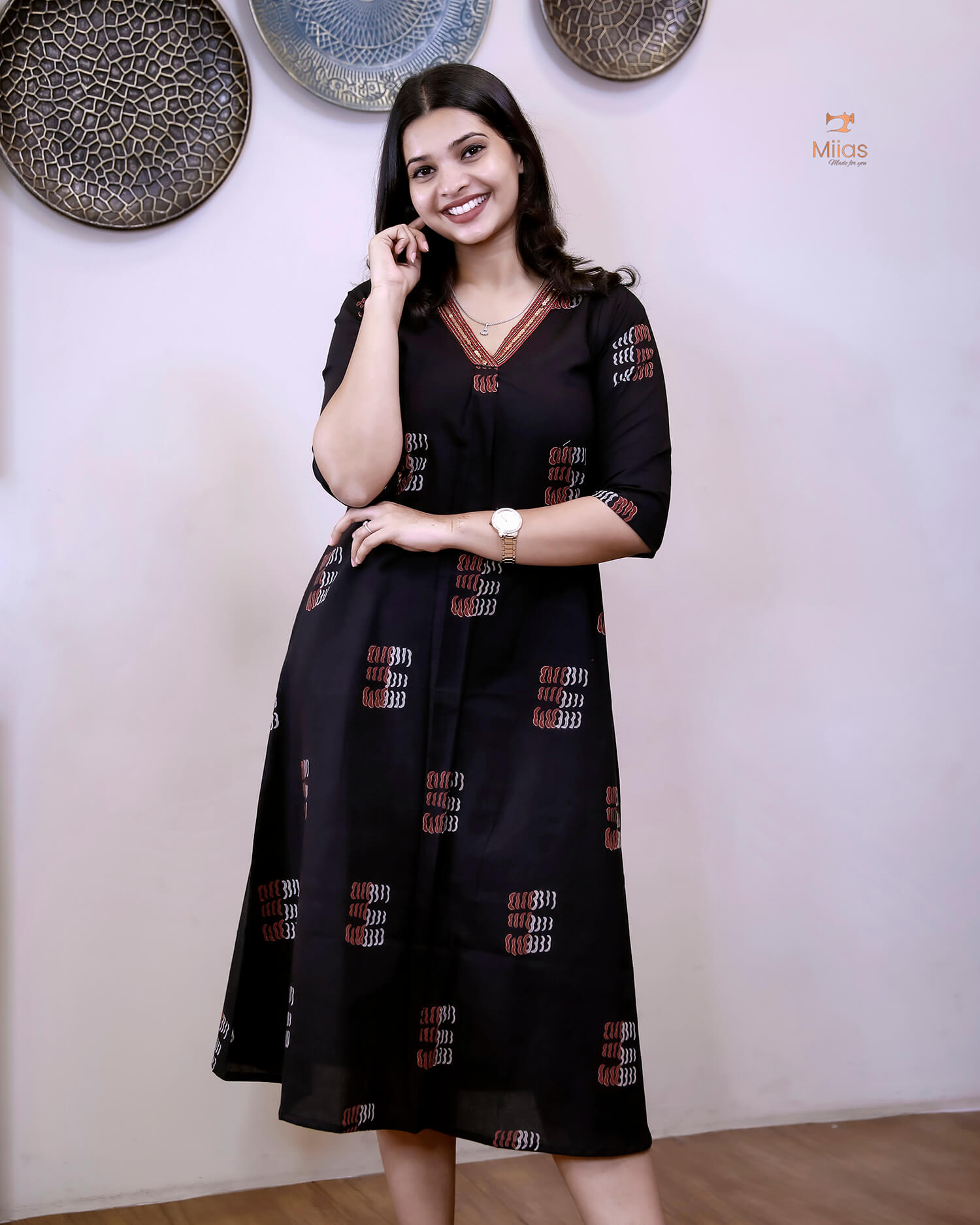 Cotton Kurti Dress:Black Hand Block Print-Red Print