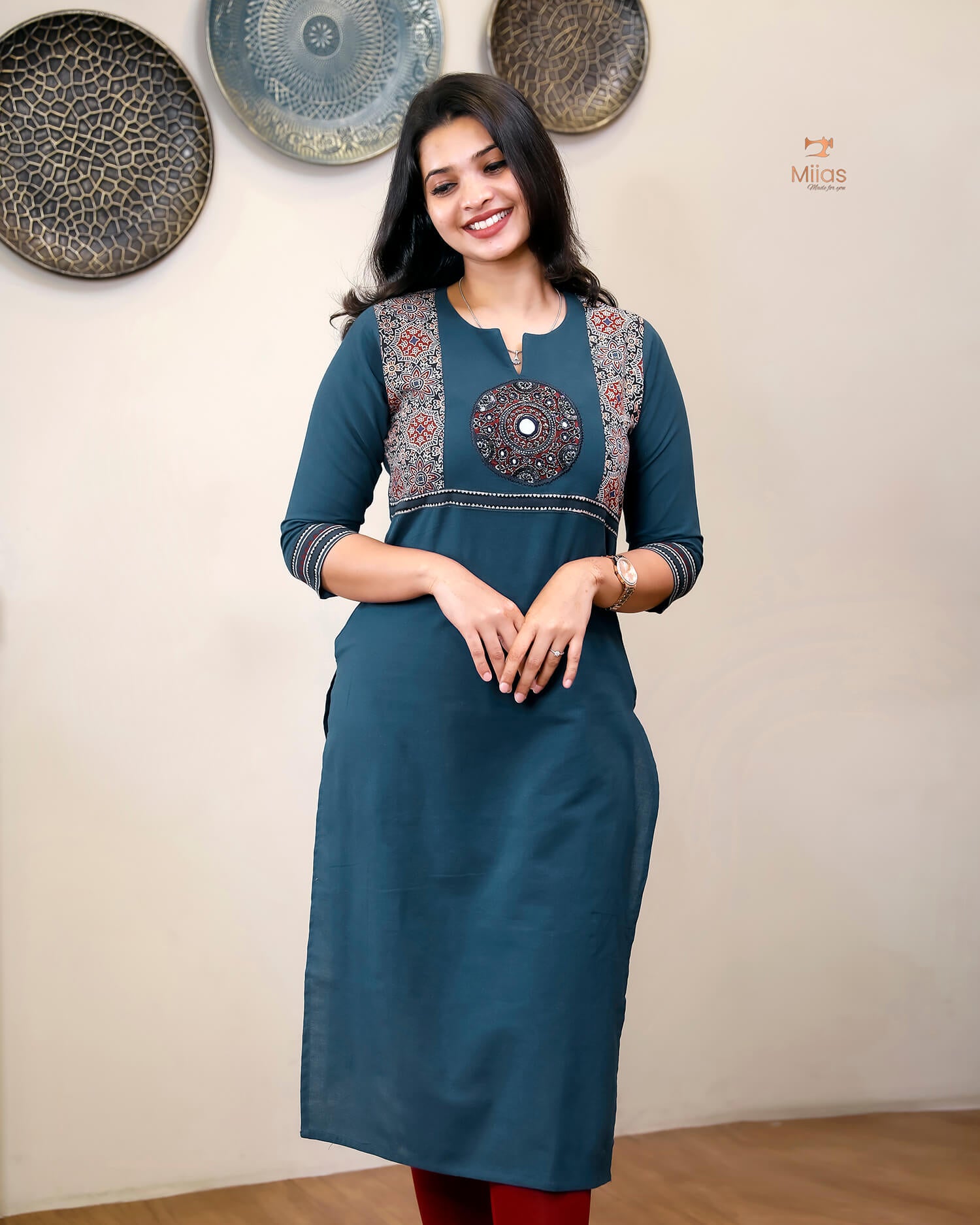 Cotton Kurti: Hand-Embellished Ajrakh & Mirror Work-Navy Blue