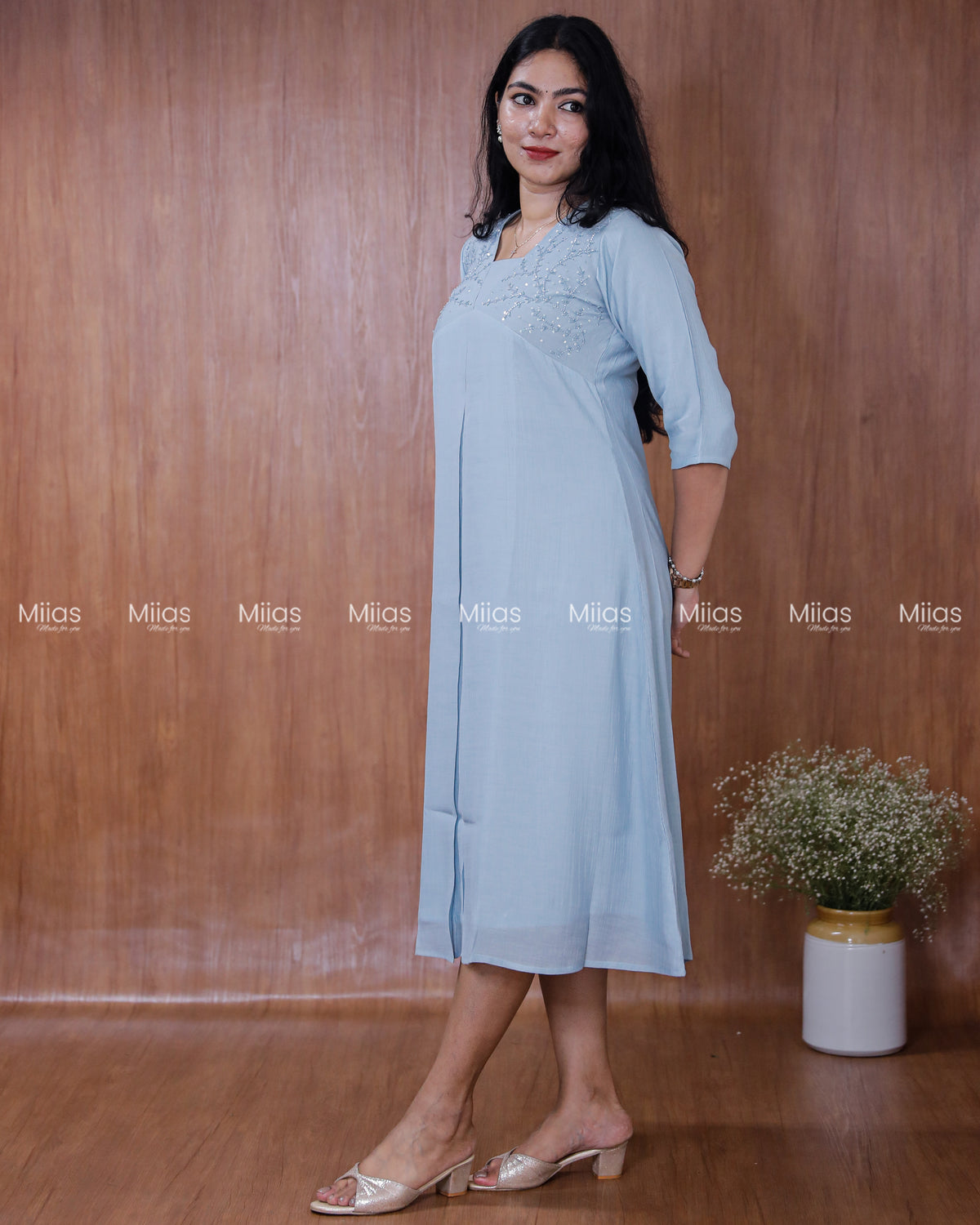 Dhara Silk Dress Kurti | Beaded Sequin Yoke + Box Pleats | Powder Blue