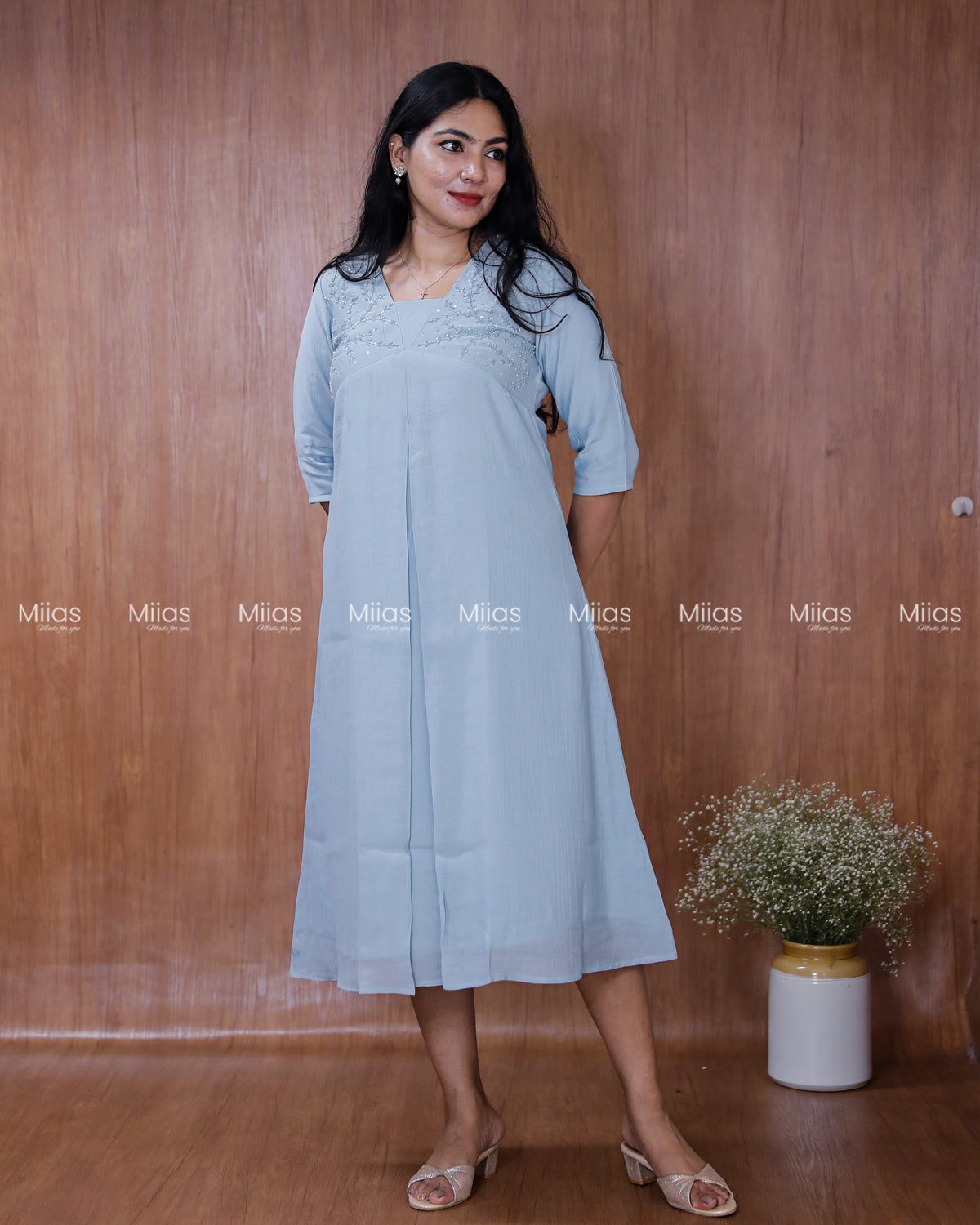 Dhara Silk Dress Kurti | Beaded Sequin Yoke + Box Pleats | Powder Blue