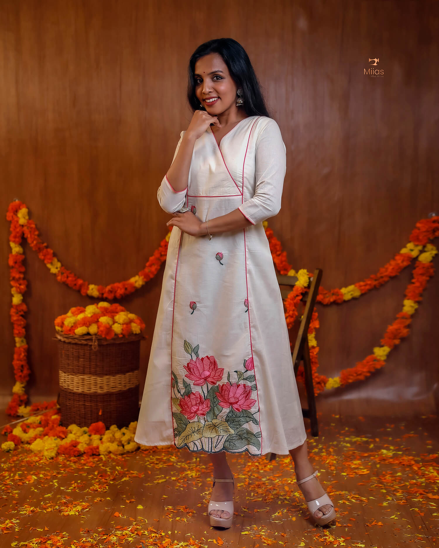 Embroidered Cotton Kurti | V-Neck A-Line | Handcrafted Elegance-Pink