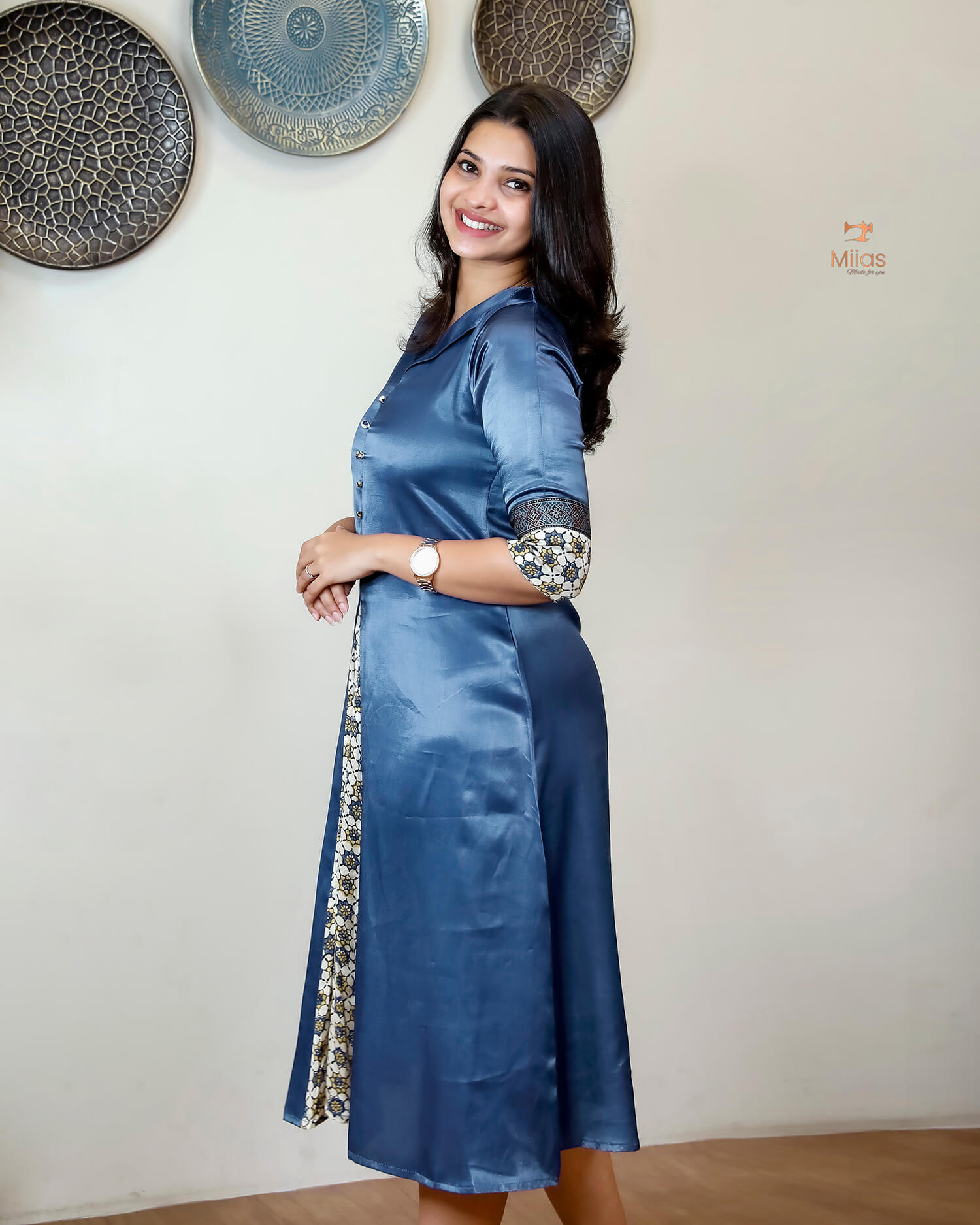 Mashru Silk A-Line Kurti | Luxury Ajrakh Silk Trim-Royal Blue.