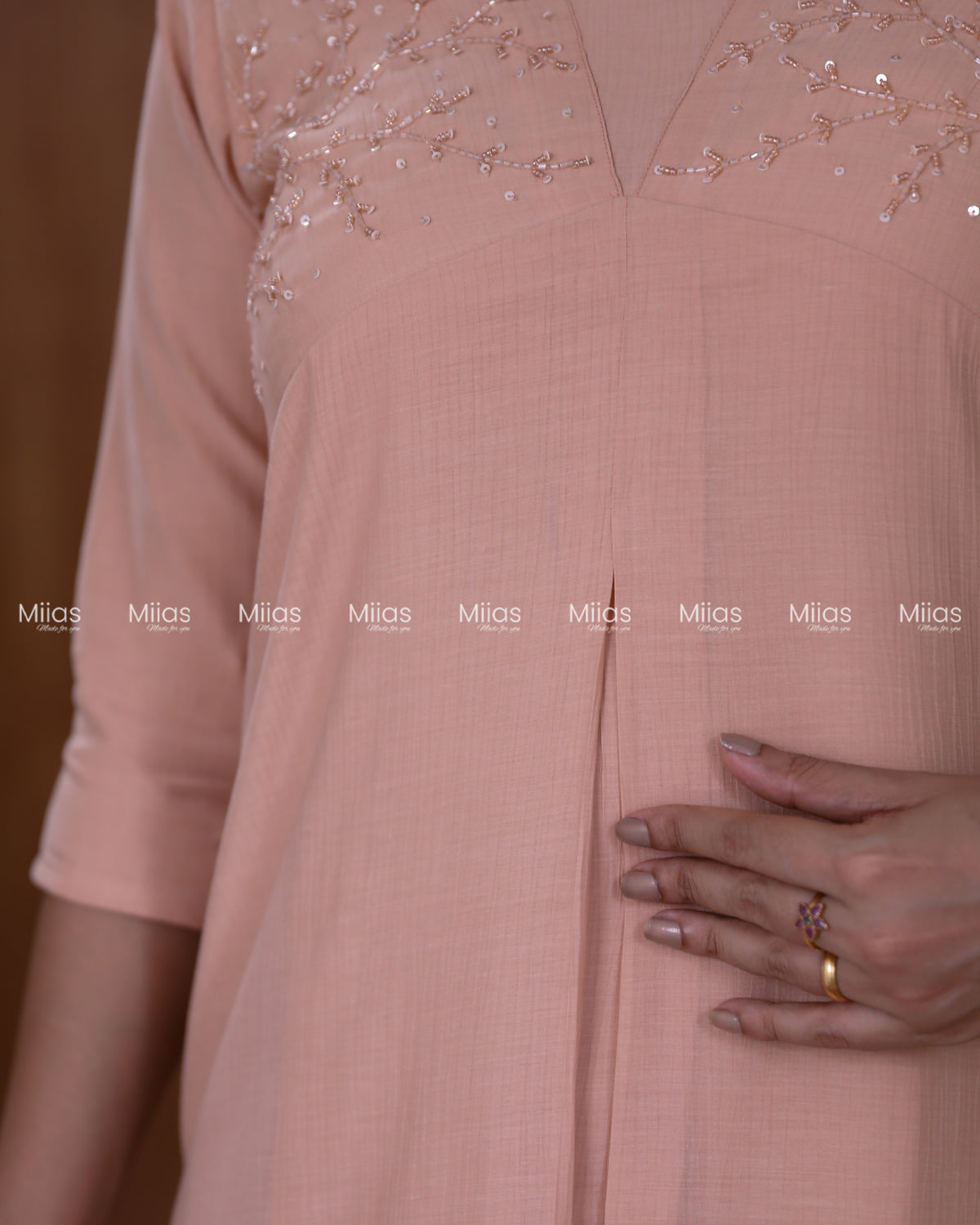 Dhara Silk Dress Kurti | Beaded Sequin Yoke + Box Pleats | Peach