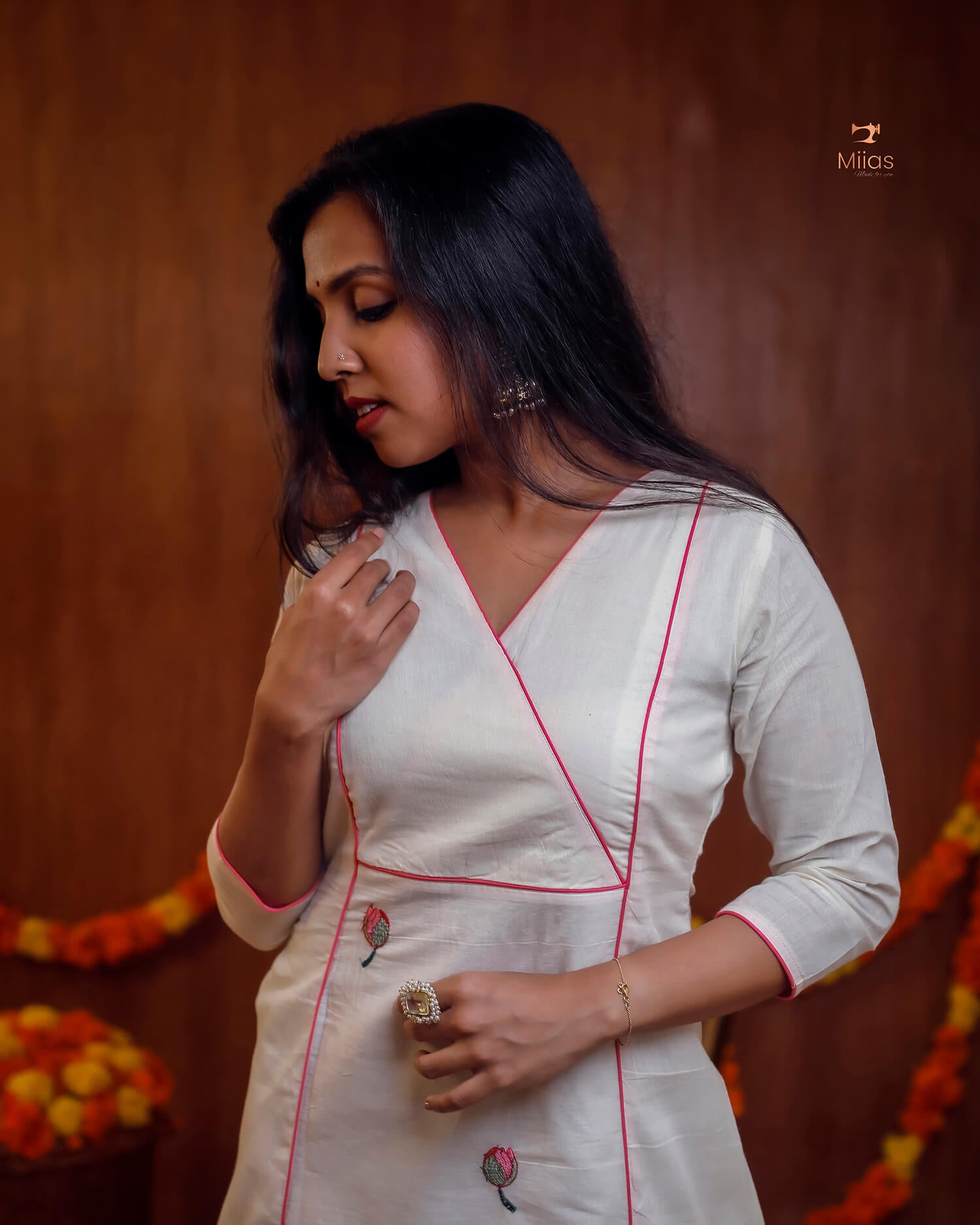 Embroidered Cotton Kurti | V-Neck A-Line | Handcrafted Elegance-Pink