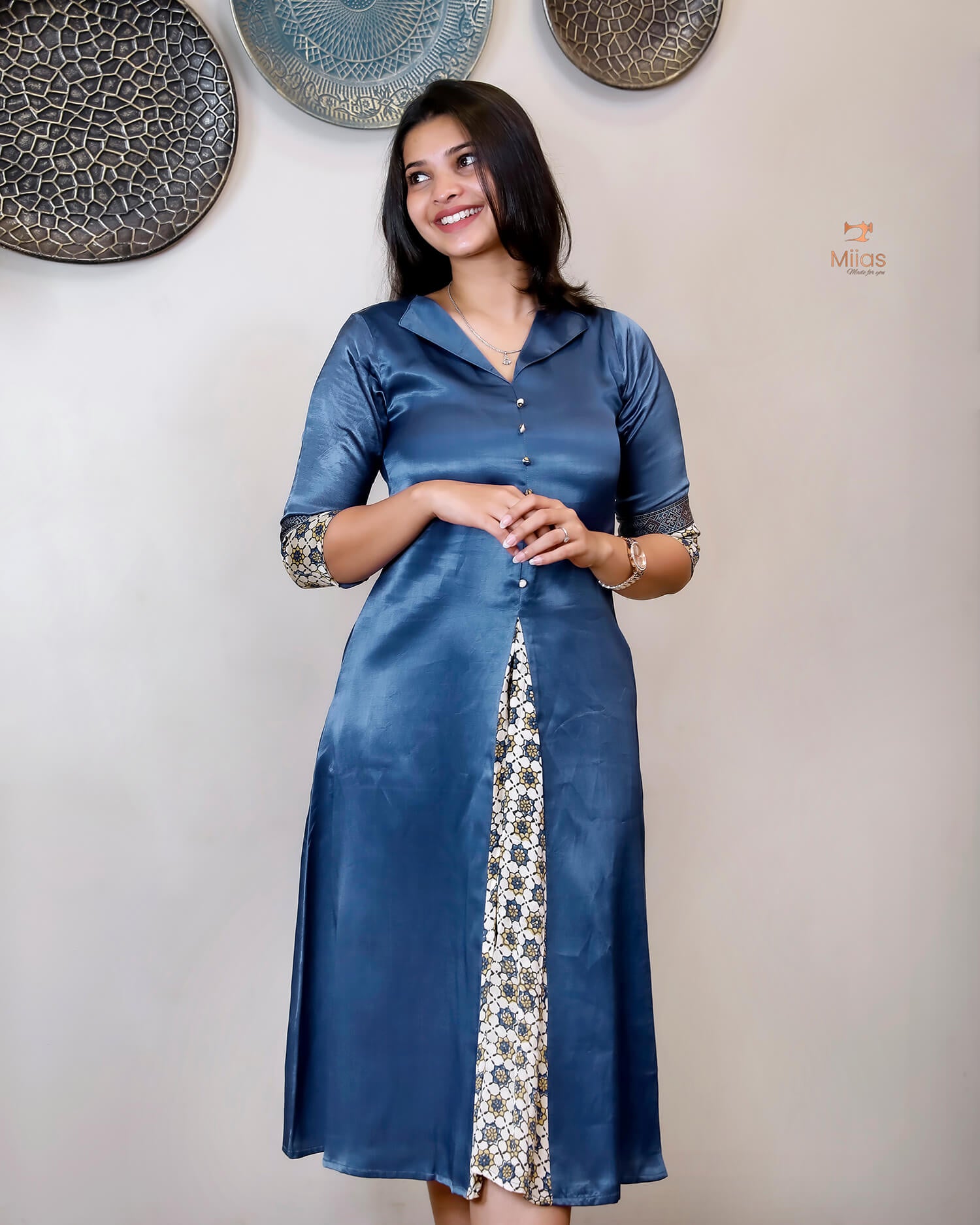 Mashru Silk A-Line Kurti | Luxury Ajrakh Silk Trim-Royal Blue.