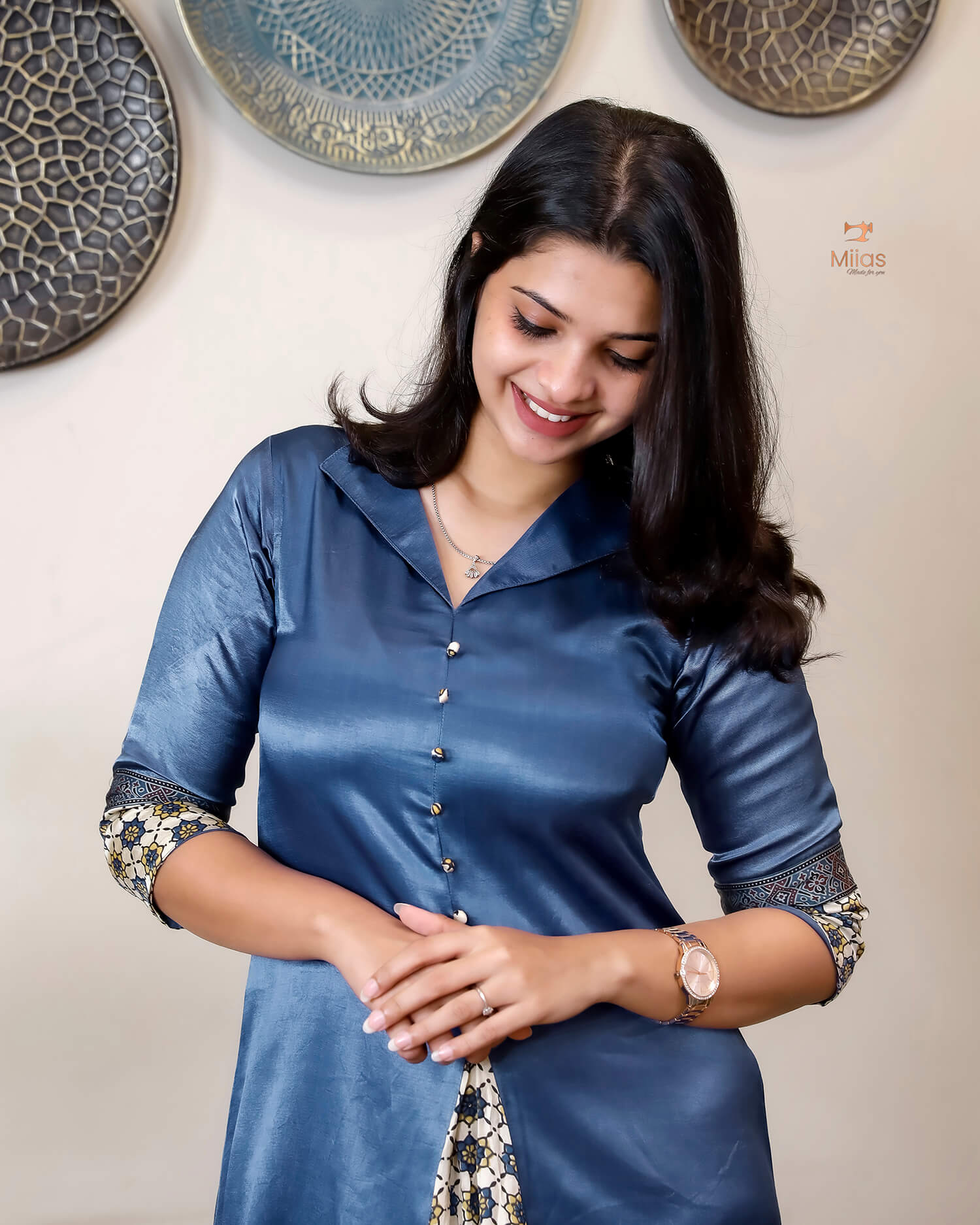 Mashru Silk A-Line Kurti | Luxury Ajrakh Silk Trim-Royal Blue.