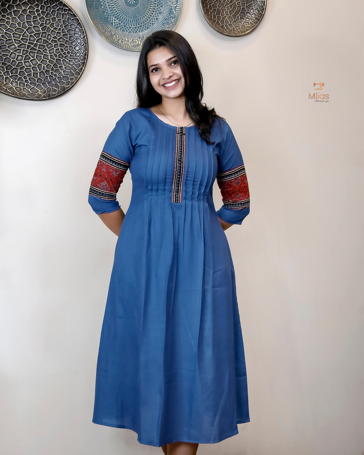 Pure Cotton Kurti: Ajrakh Patches, Pintucks & Pocket-Blue