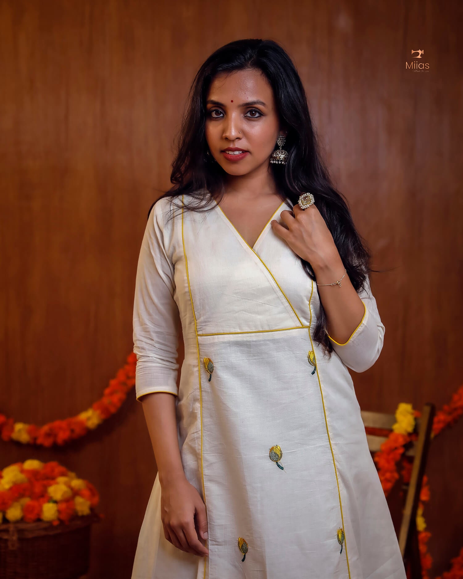 Embroidered Cotton Kurti | V-Neck A-Line | Handcrafted Elegance-Yellow