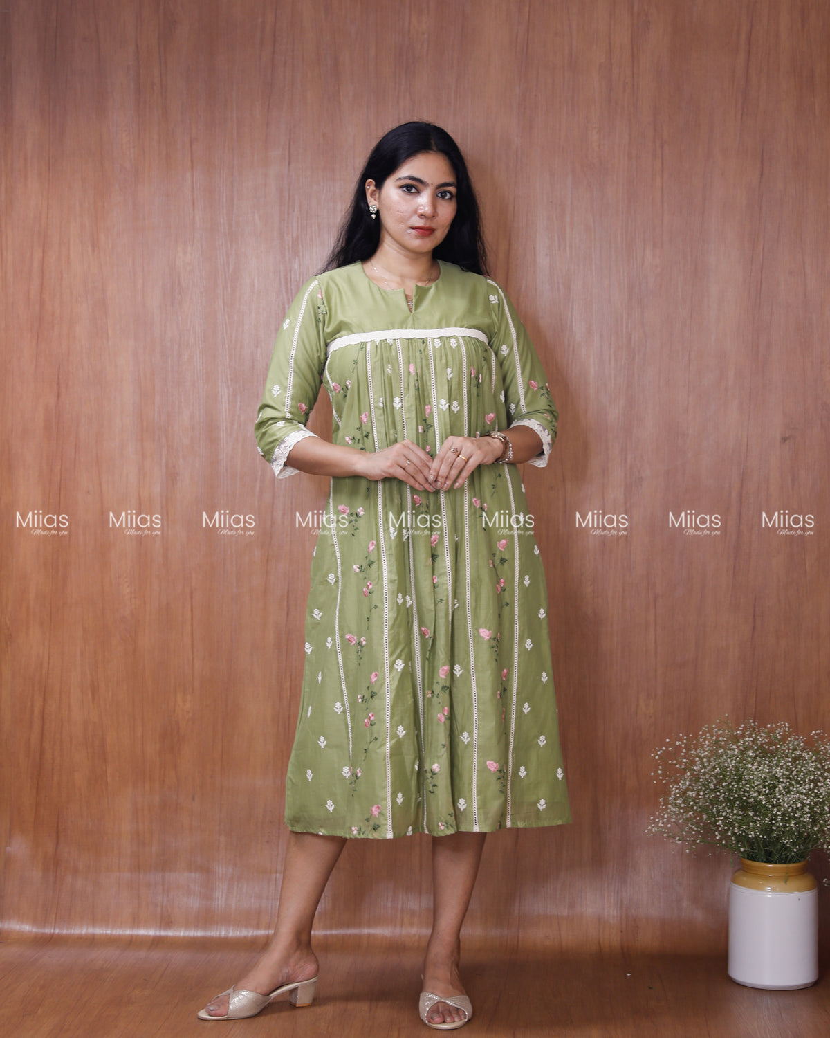 Mul Chanderi Dress Kurti | Embroidered Front + Lace + Lined | Pastel Green